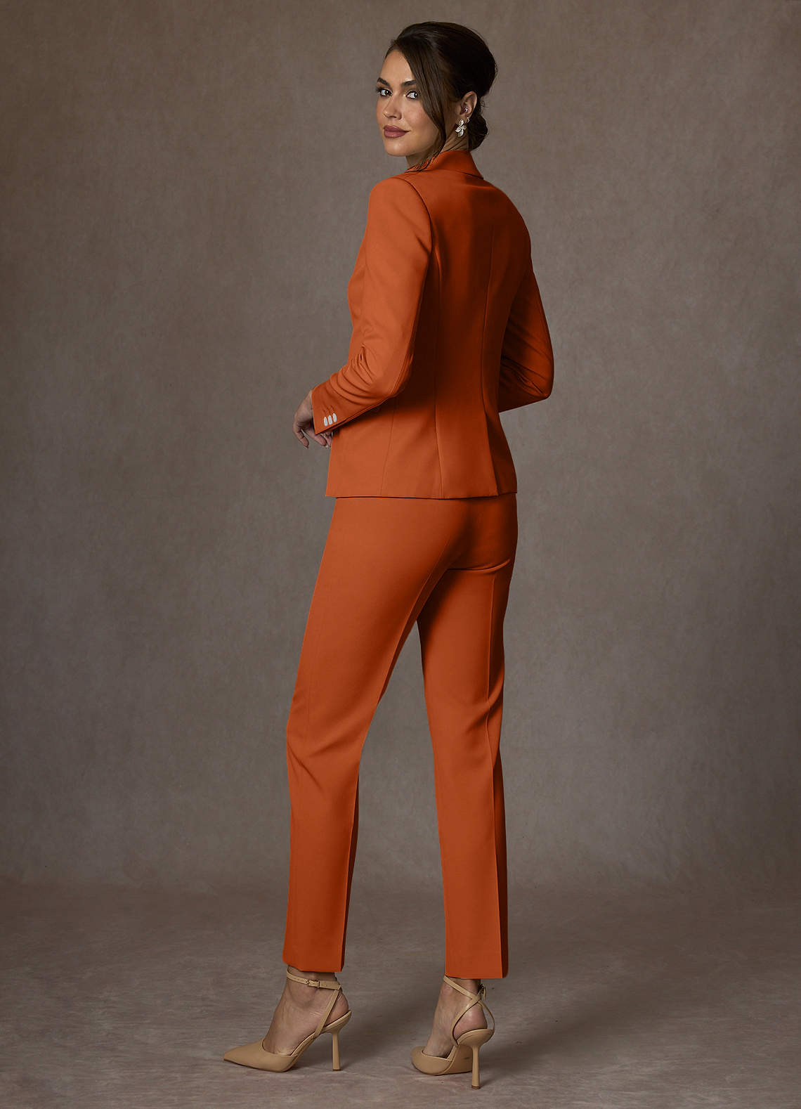 front Whitney Burnt Orange Structured Stretch Full Length Pants Suit