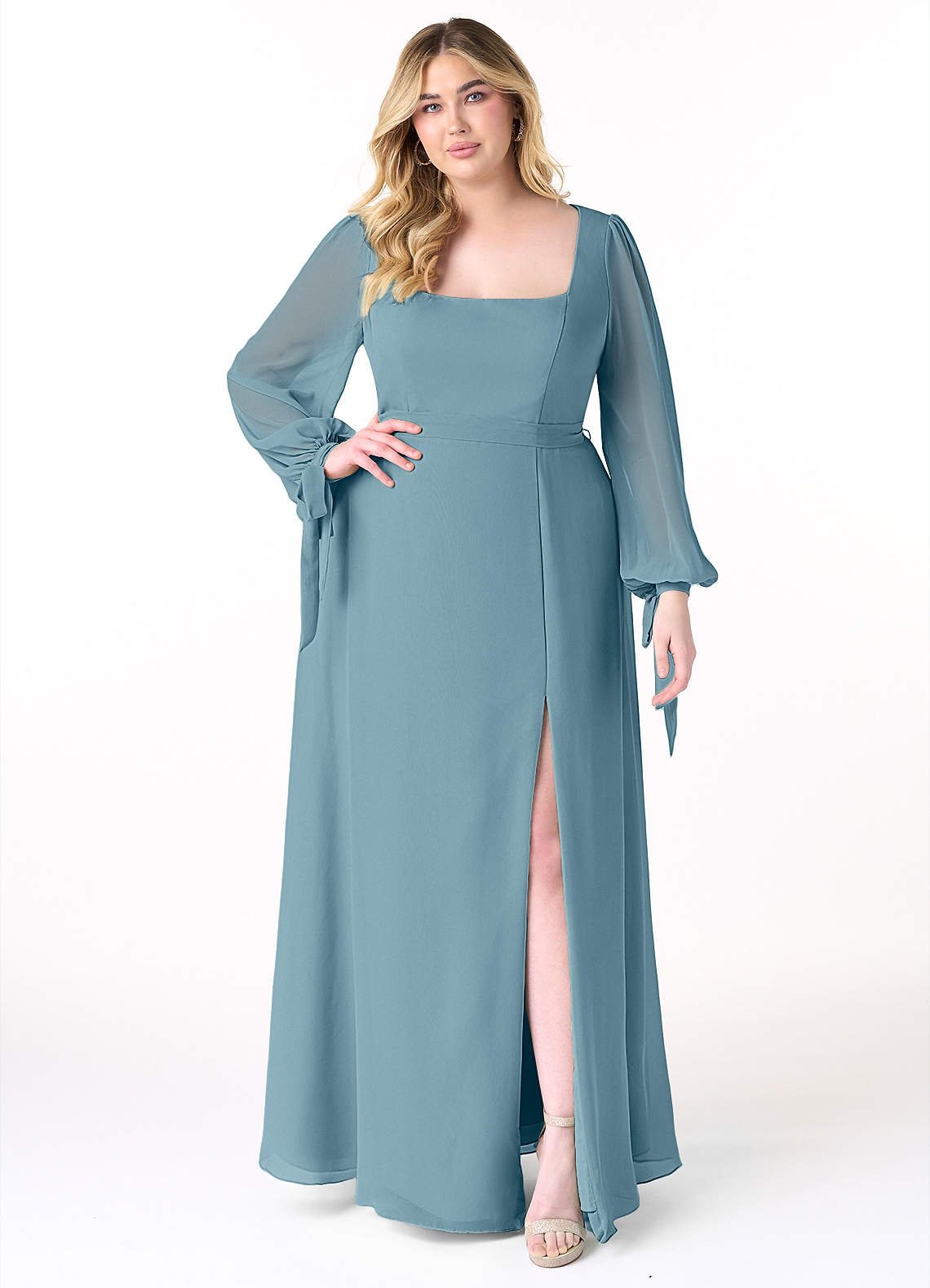 Azazie Leonia Bridesmaid Dresses Moody Blue A-Line Long Sleeve Chiffon Dress image1