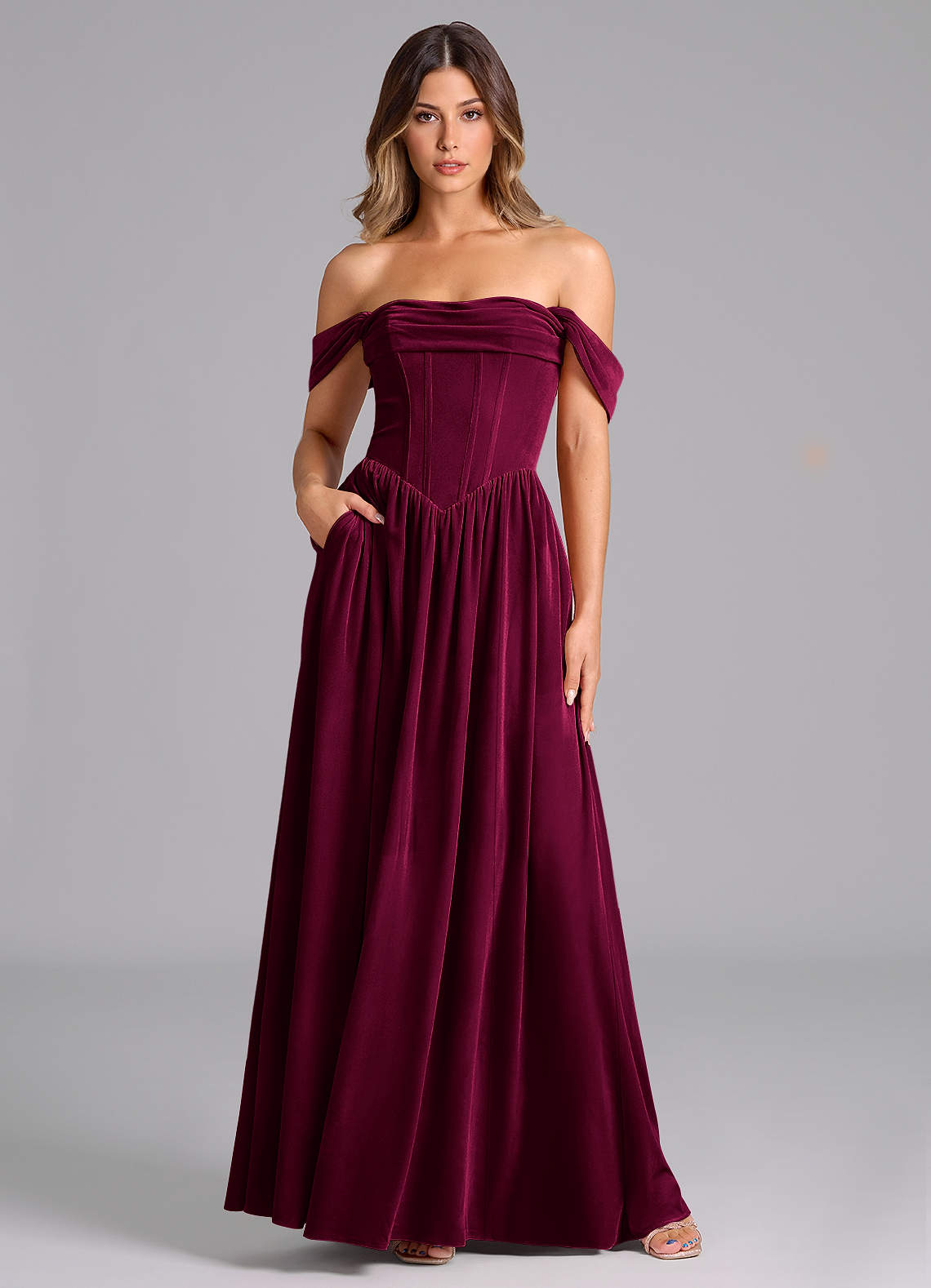 Azazie Hattie Bridesmaid Dresses Cabernet A-Line Ruched Velvet Dress image1