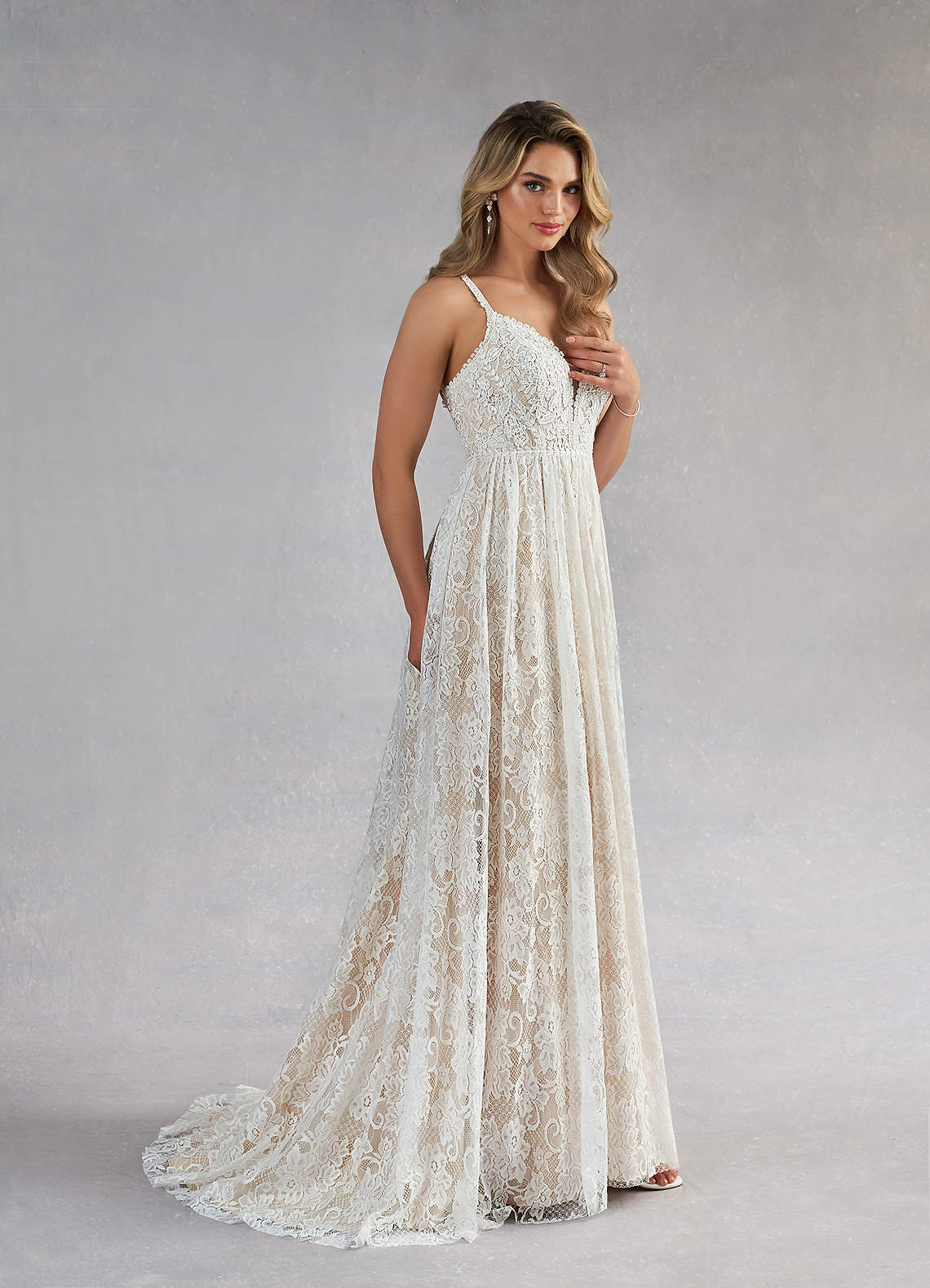 Azazie August At-home Try On Dresses Diamond White Nude A-Line Lace Dress image2