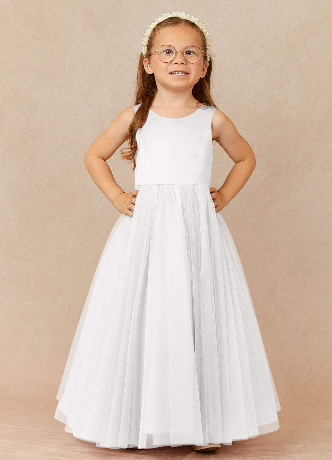 Azazie Muni Flower Girl Dresses White A-Line Bow Tulle Dress image1