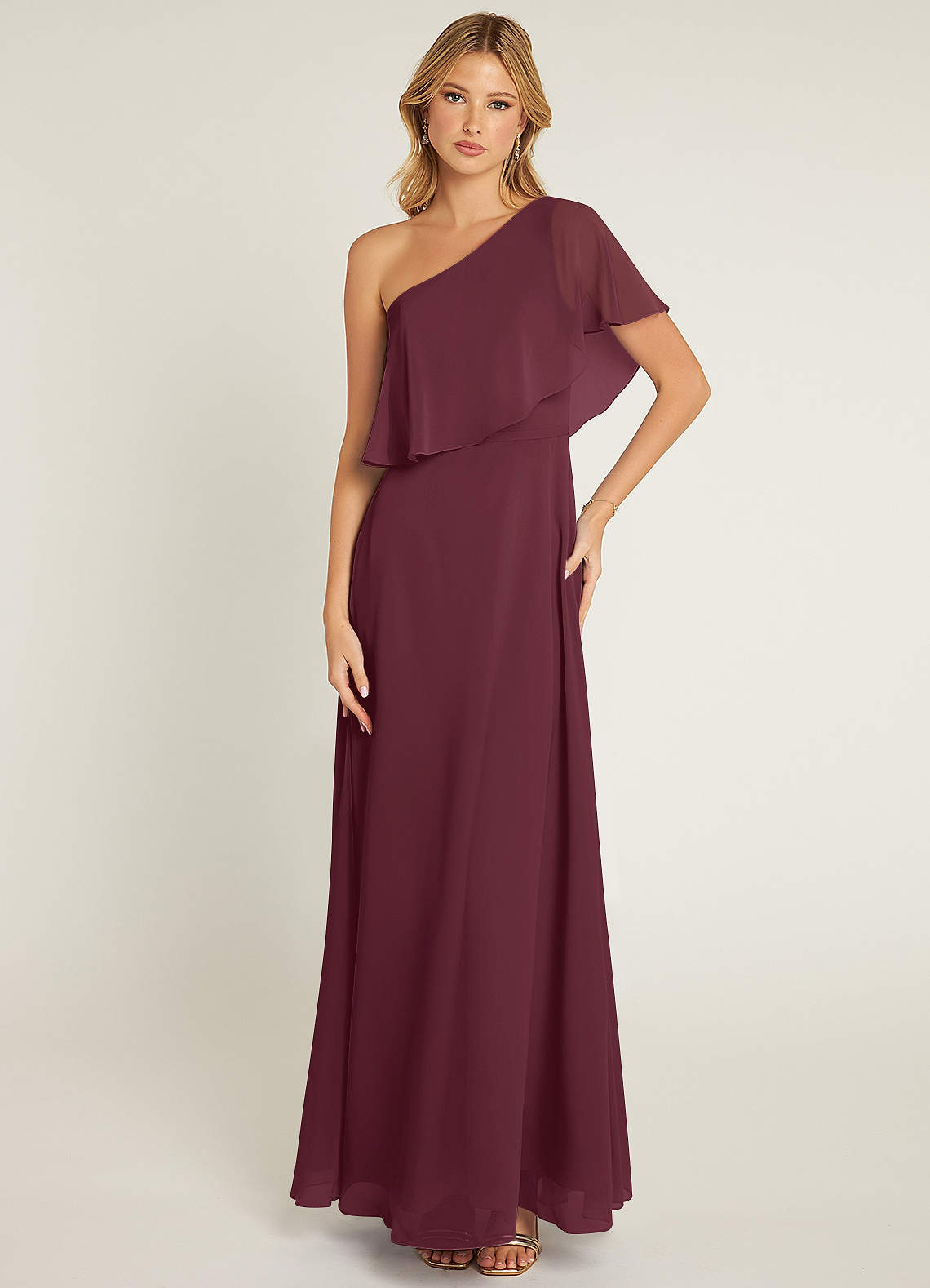 Azazie Lizzy Abiti da Damigella Abito A-Line in Chiffon Monospalla Cabernet image1
