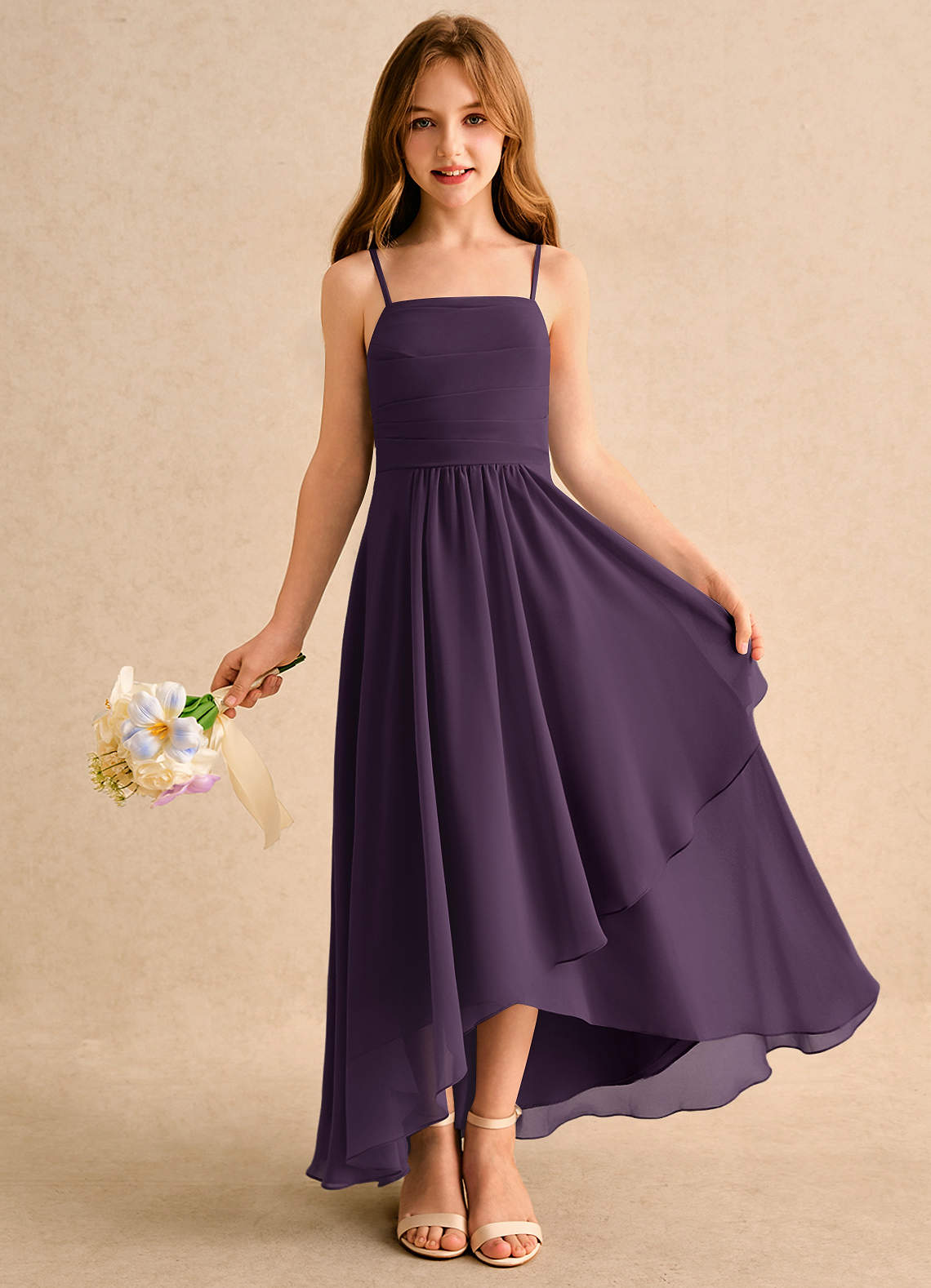 Azazie A-Line/Princess Square Neck Asymmetrical Chiffon Flower Girl Dresses - Plum