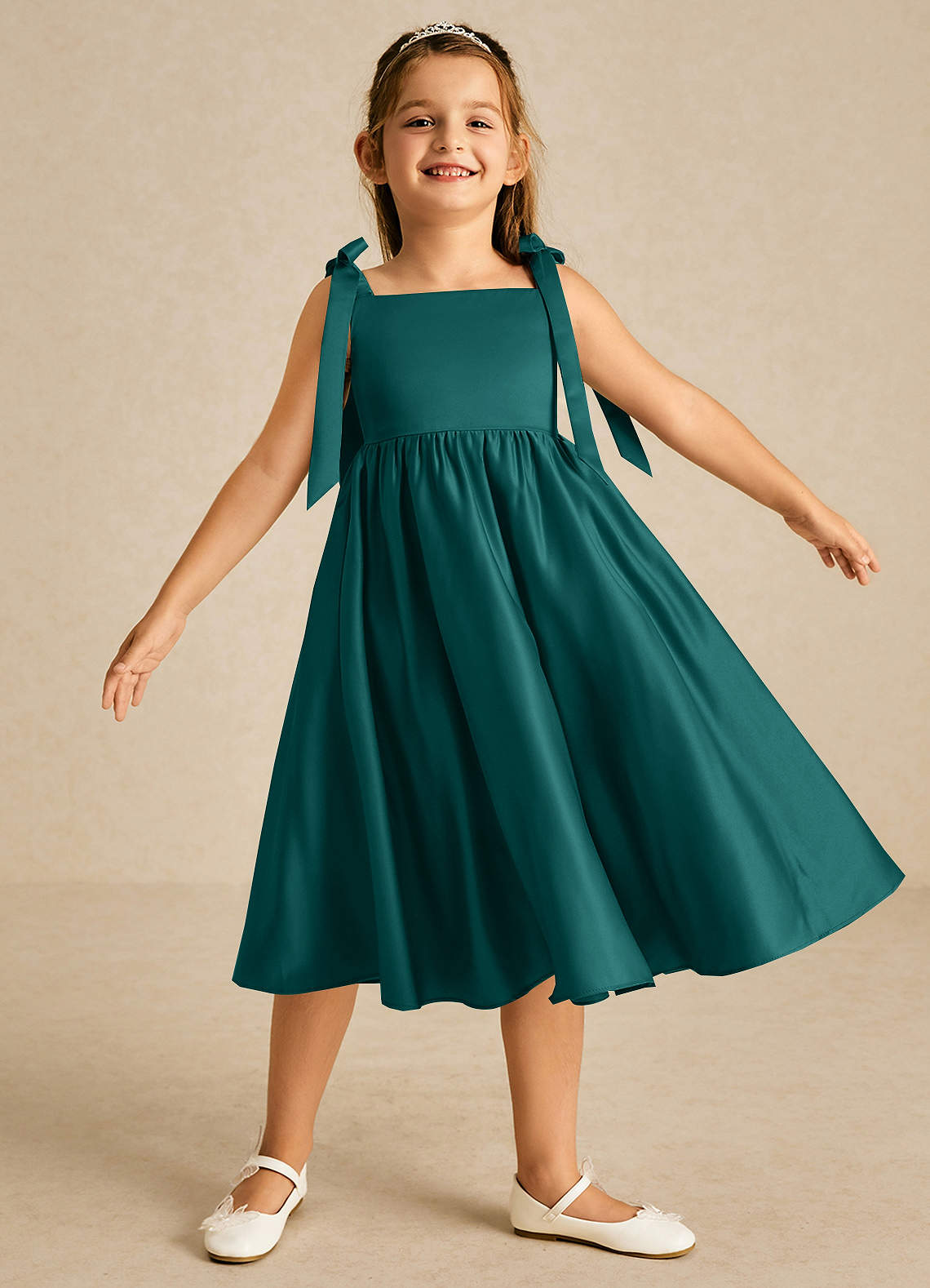 Azazie Chelsie Flower Girl Dresses Peacock A-Line Bow Matte Satin Dress image1