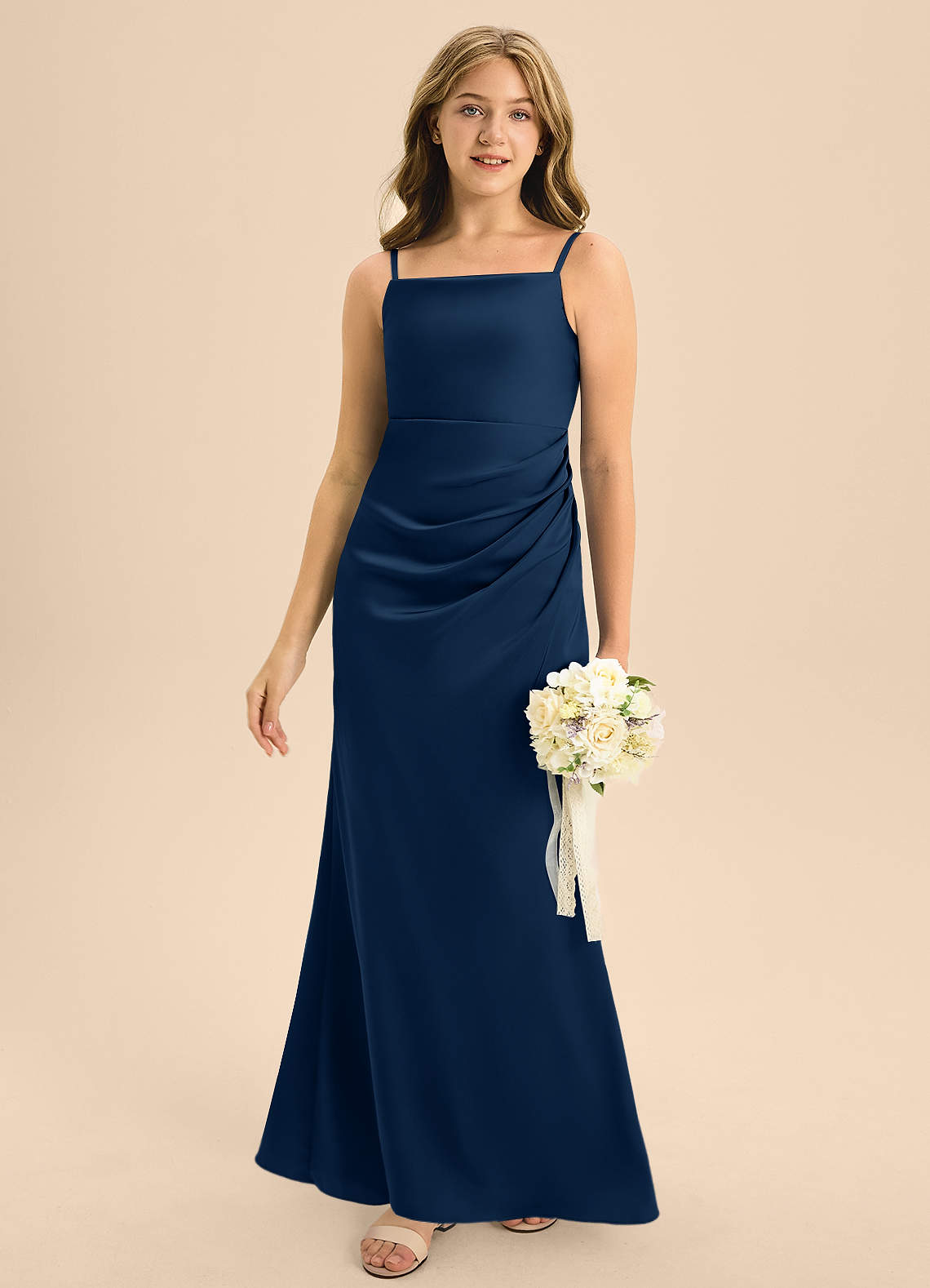 Azazie Renna Junior A-Linie Plissee Stretch-Satin Kleid Dunkelmarine image4