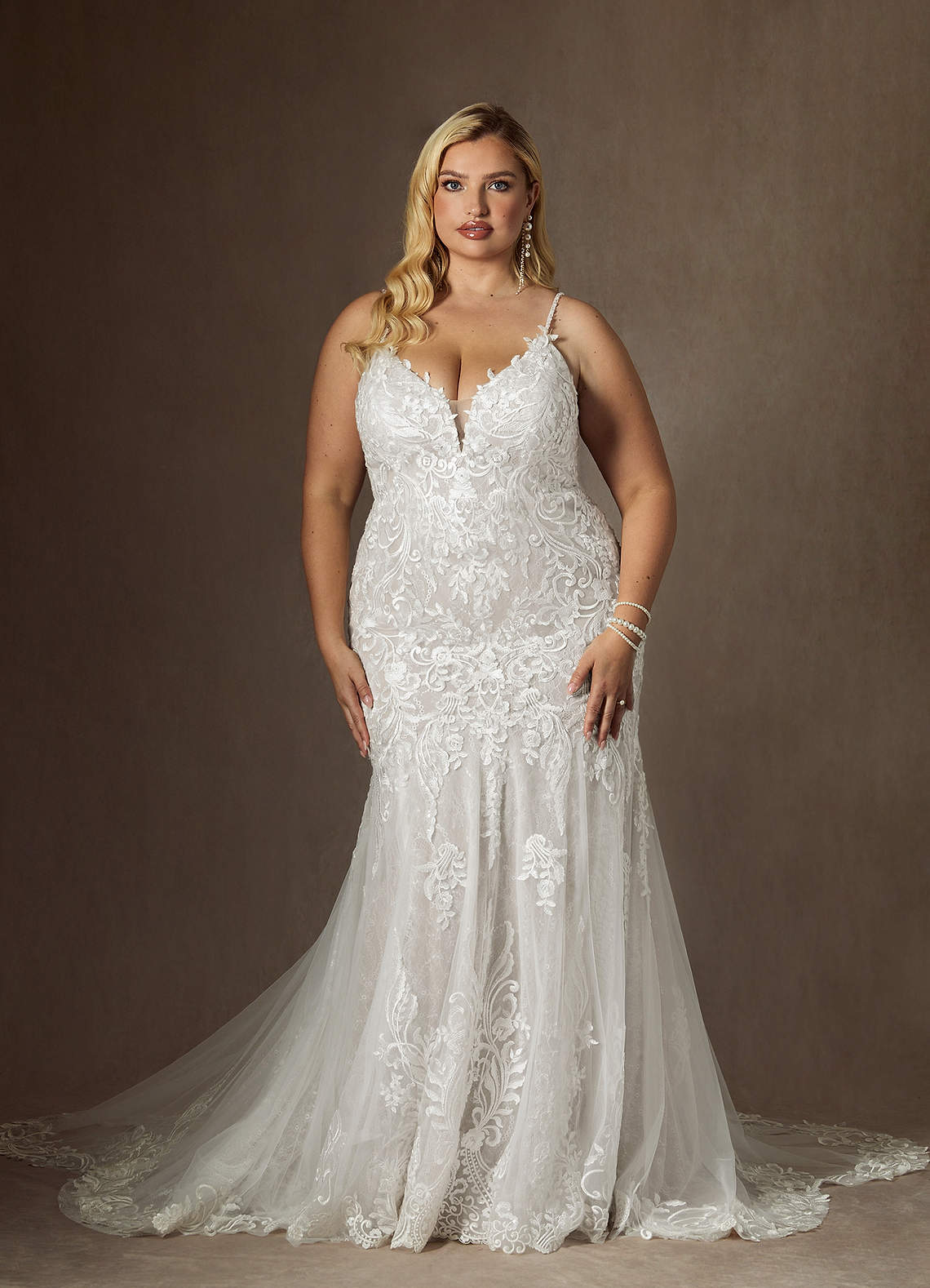 Azazie Camlynn Wedding Dresses Diamond White Mermaid V-Neck Sequins Tulle Dress image1