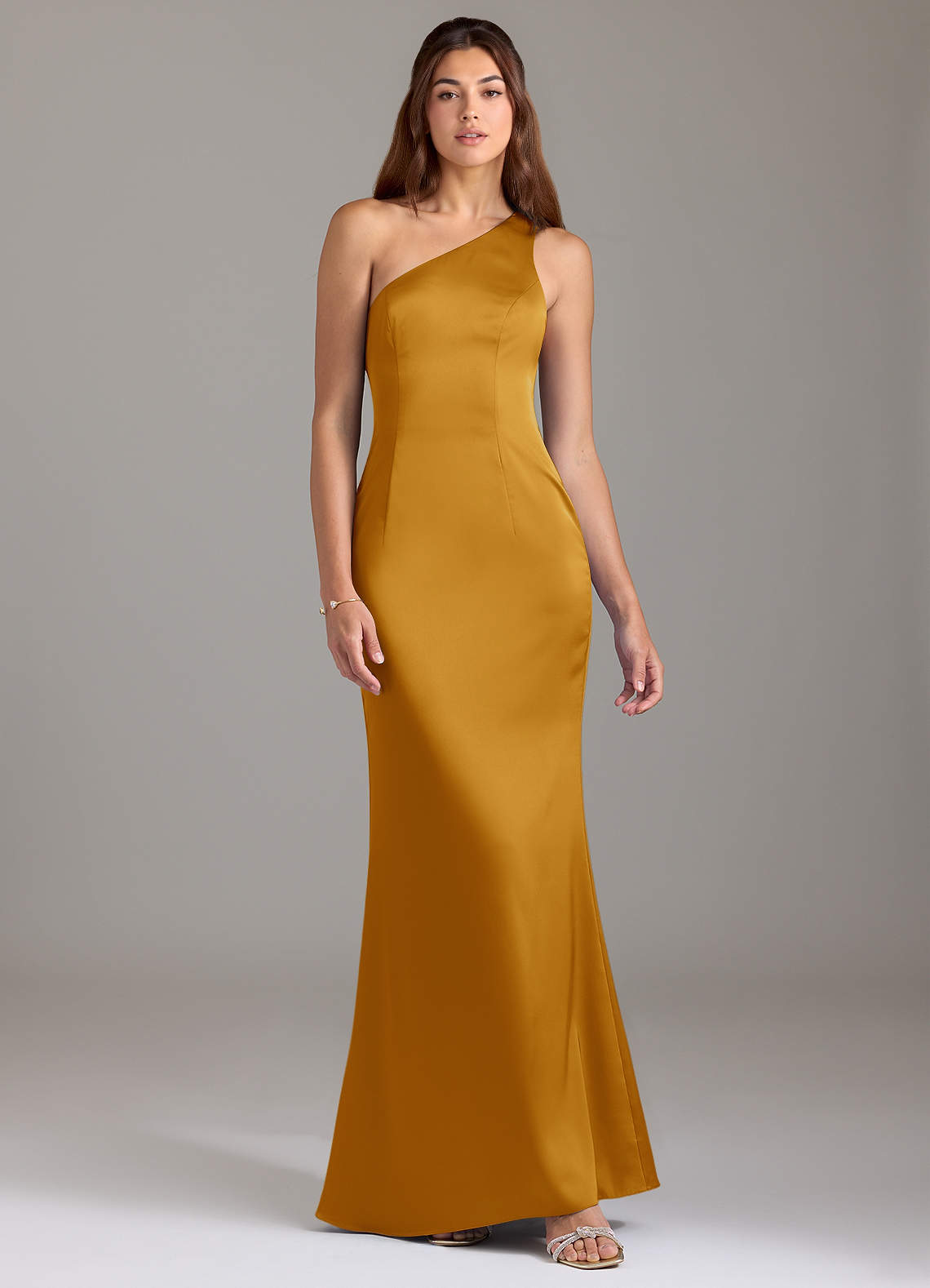 Azazie Arleth Bridesmaid Dresses Butterscotch A-Line One Shoulder Stretch Satin Dress image1