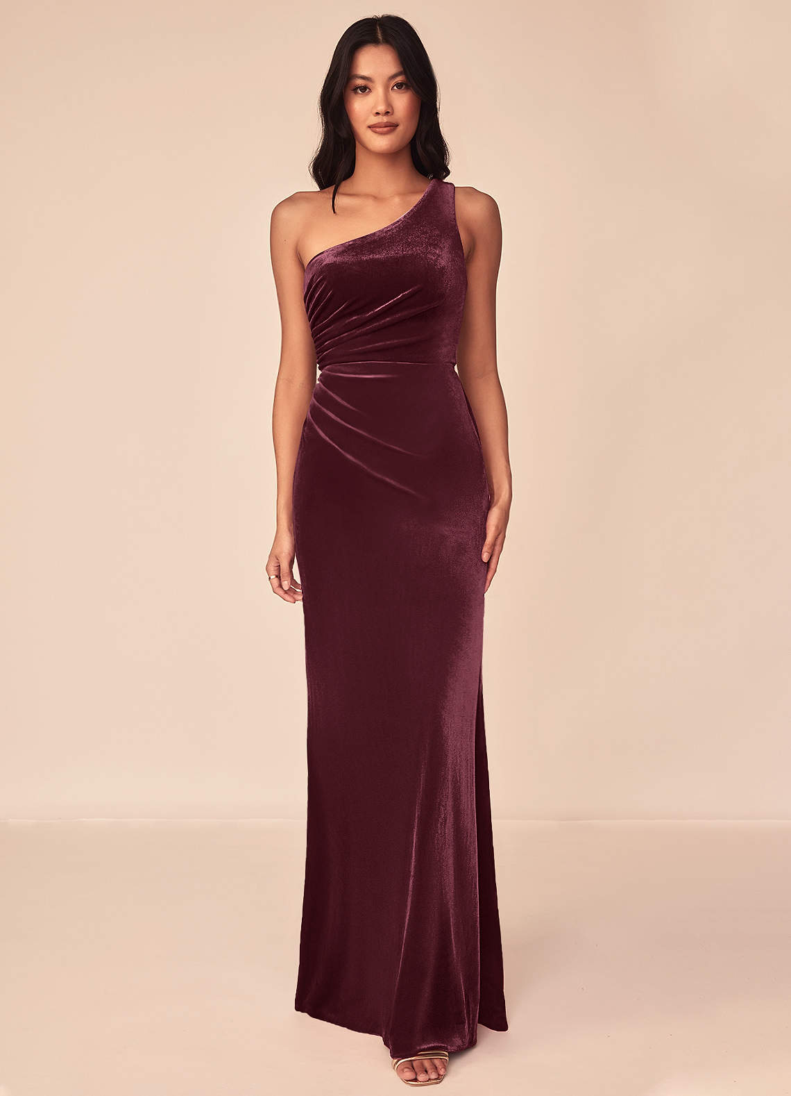 Azazie Argan Bridesmaid Dresses Raspberry A-Line One Shoulder Pleated Velvet Dress image1