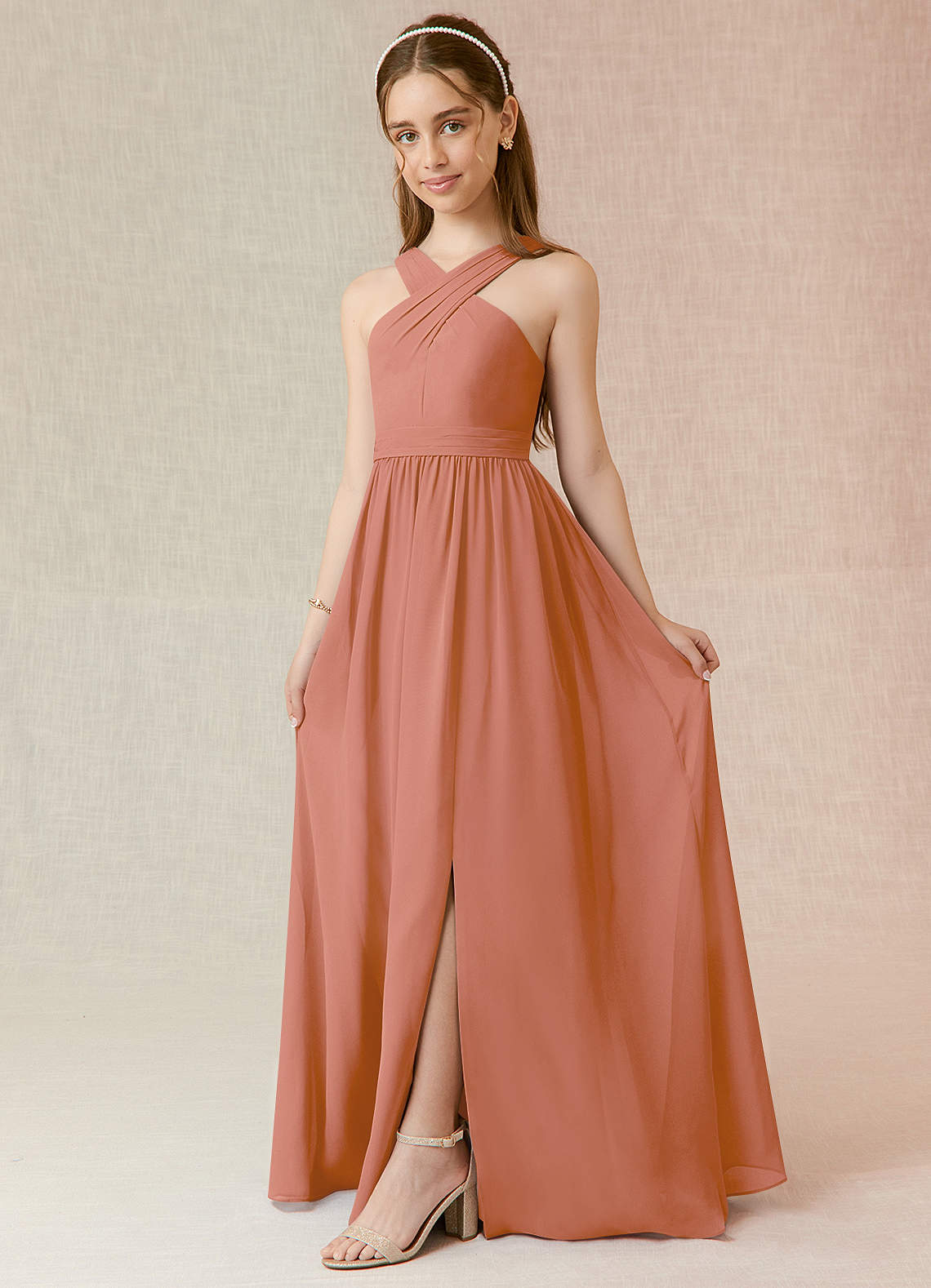 Azazie Jiya Junior MAI TAI A-Line Pleated Chiffon Dress image1