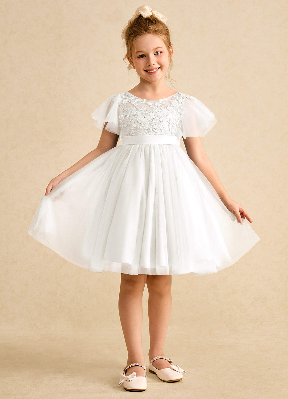 Azazie Queenie Flower Girl Dresses Ivory A-Line Lace Dress image1