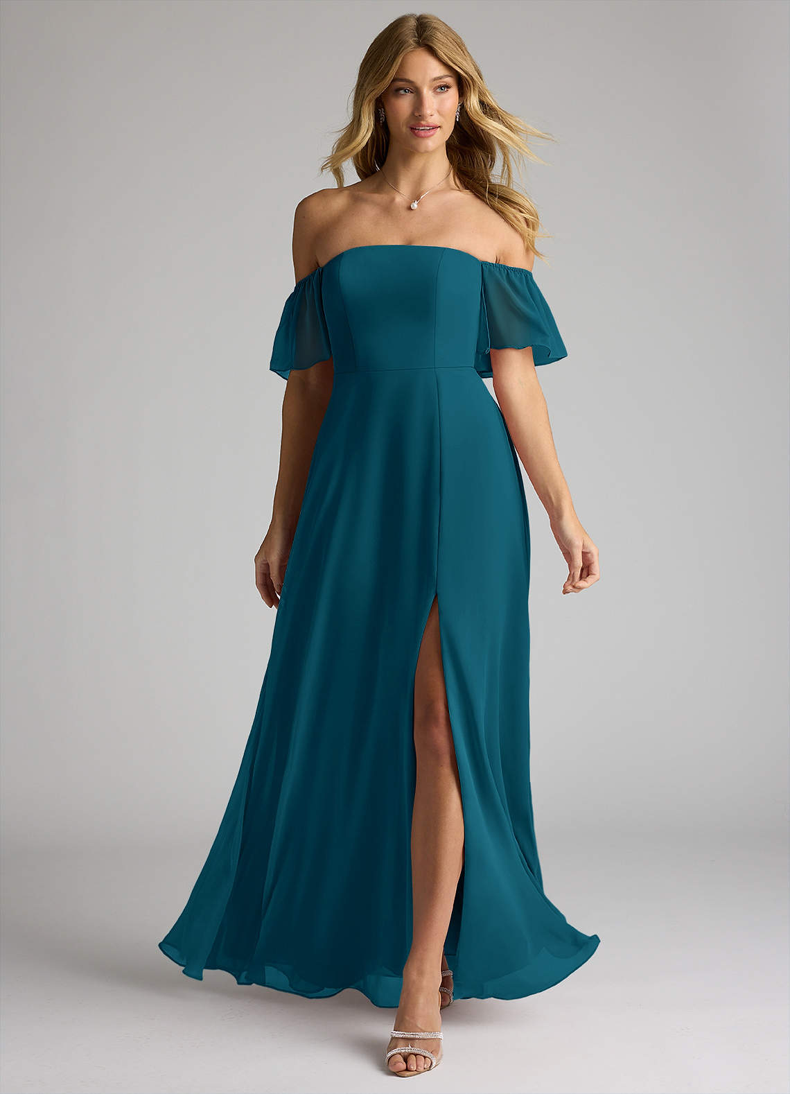 Azazie Sue Bridesmaid Dresses Ink Blue A-Line Off the Shoulder Chiffon Convertible Dress image1