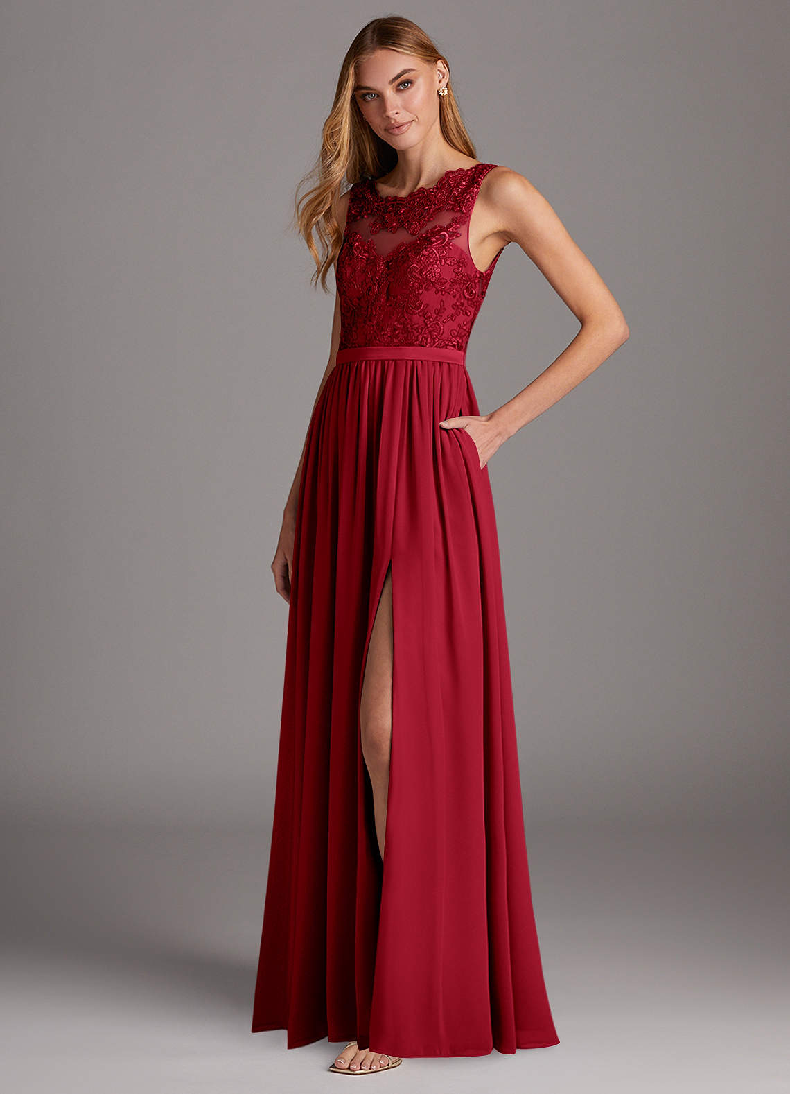 Azazie Elly Brautjungfernkleider A-Linie Rundhalsausschnitt mit Spitze Chiffon Kleid Scharlachrot image1