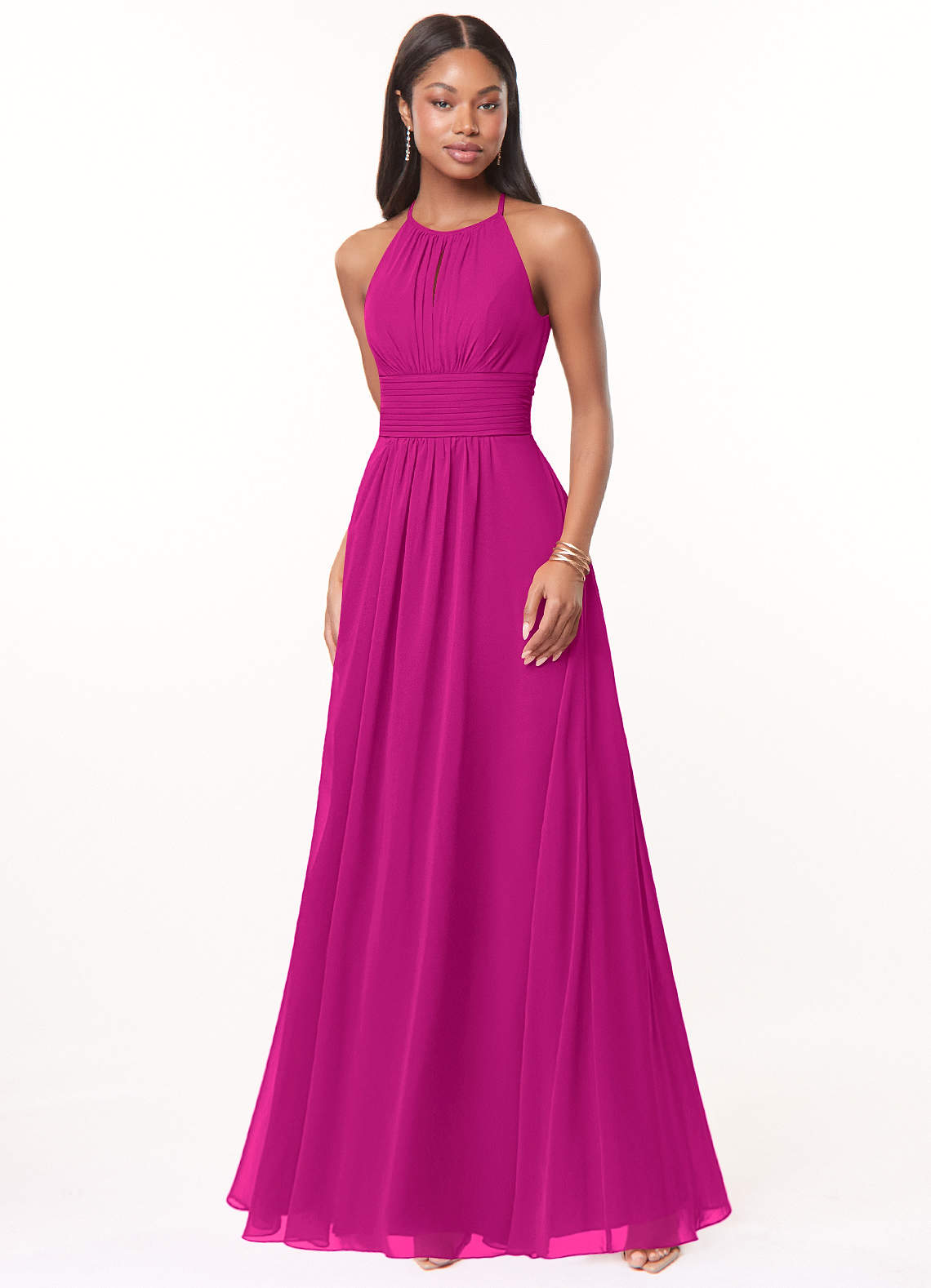 Azazie Bonnie Vestidos de damas de honor Vestido de Fucsia de Gasa de Corte En A con Cuello de pico fruncido image1