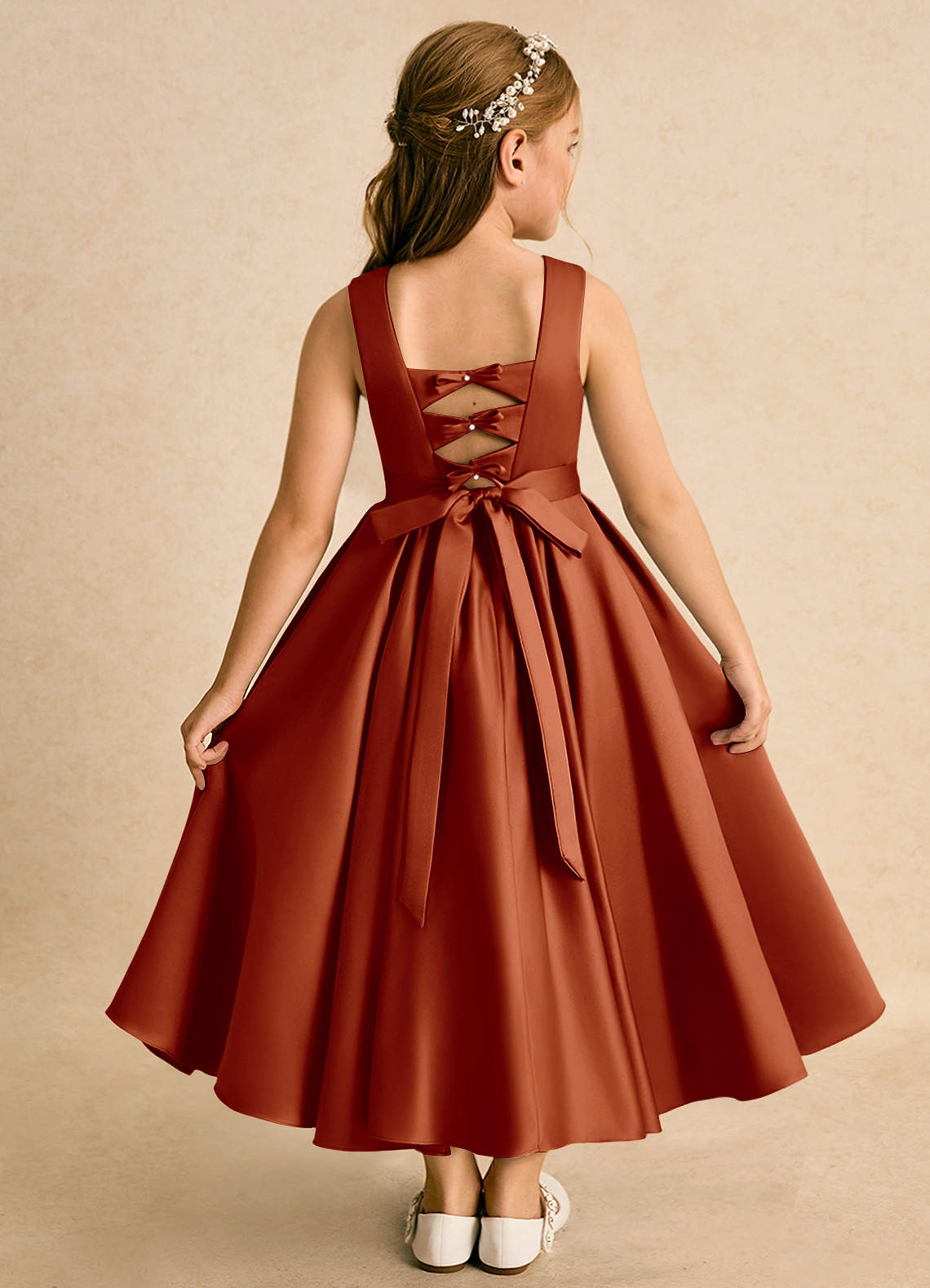 Azazie Junebuj Flower Girl Dresses Paprika Ball-Gown Pleated Matte Satin Dress image1