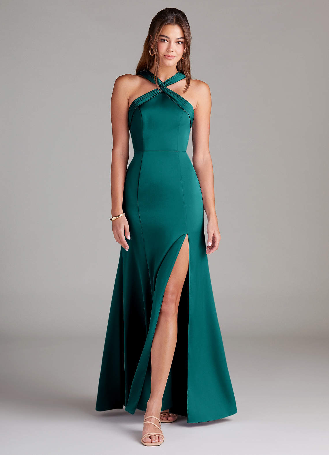 Azazie Rue Bridesmaid Dresses Peacock A-Line Pleated Stretch Satin Dress image2