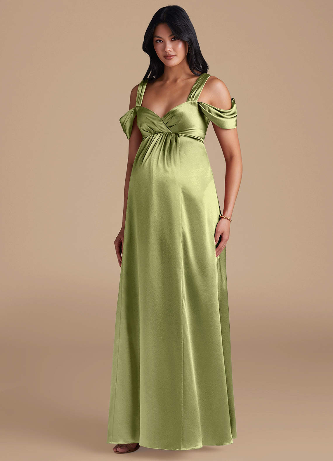 Azazie Rhea Brautjungfernkleider für Schwangere A-Linie Plissee Metallischer Satin Bodenlänge Kleid image1