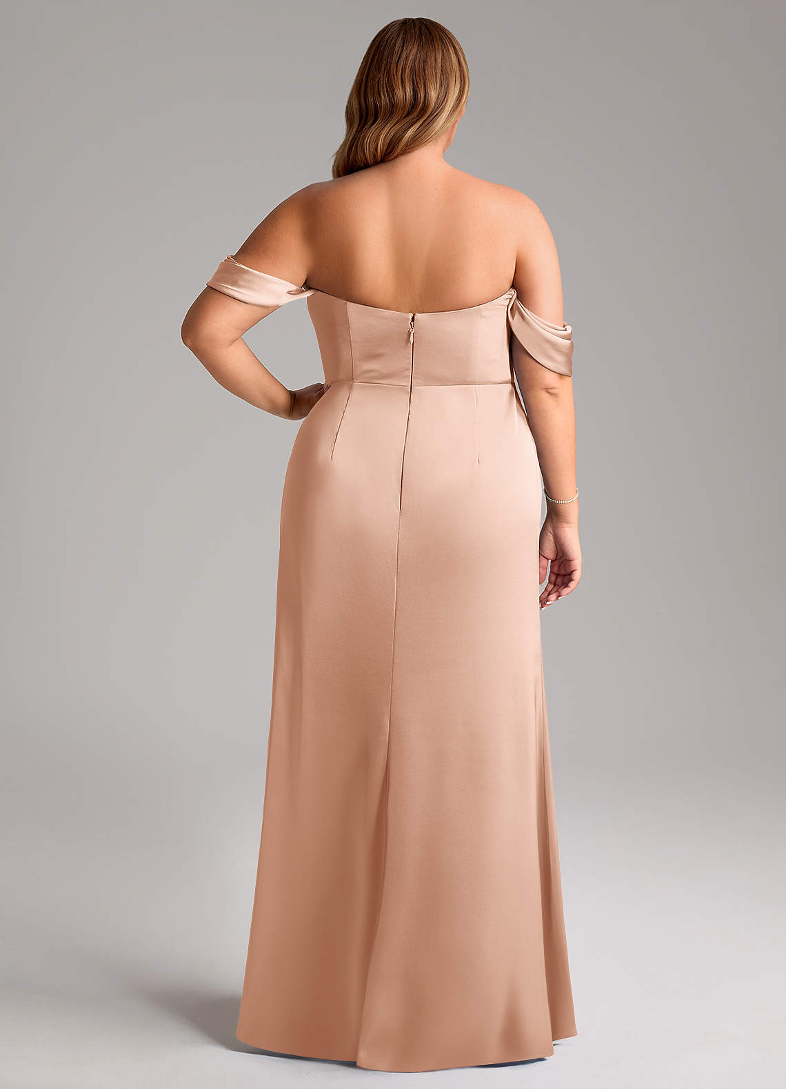Azazie Saige Bridesmaid Dresses Rose Gold Sheath Off the Shoulder Stretch Satin Dress image11