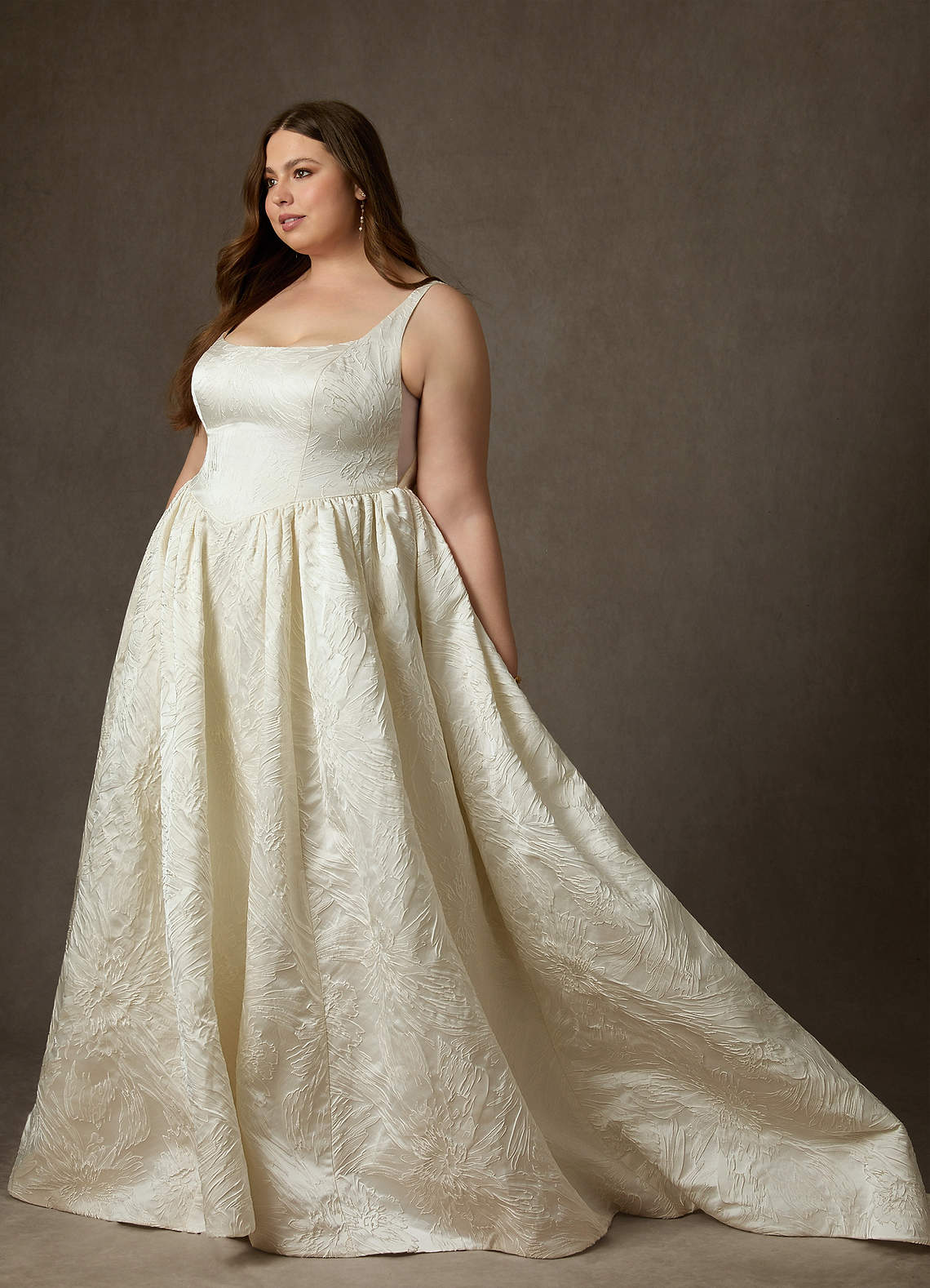 Azazie Skylin At-home Try On Dresses Antique White Ball-Gown with Pockets Floral Jacquard Dress image17