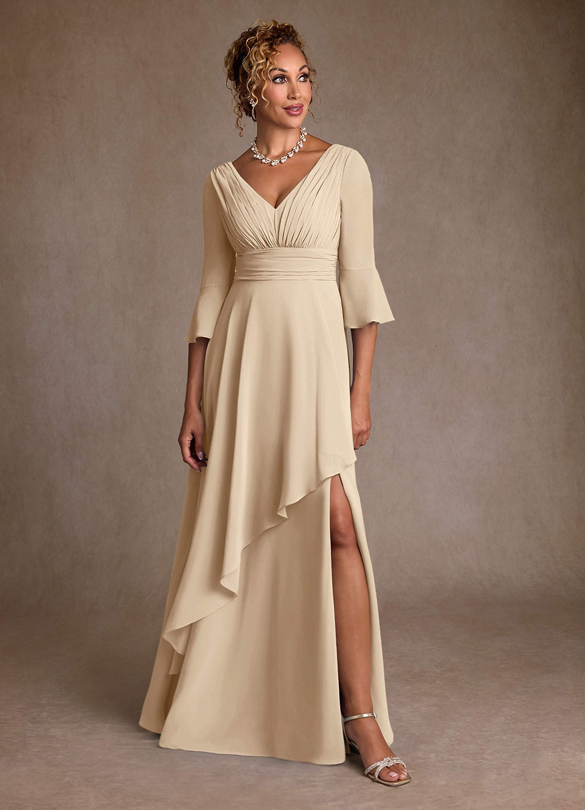 Azazie Eire Mother of the Bride Dresses Champagne A-Line Pleated Chiffon Dress image3