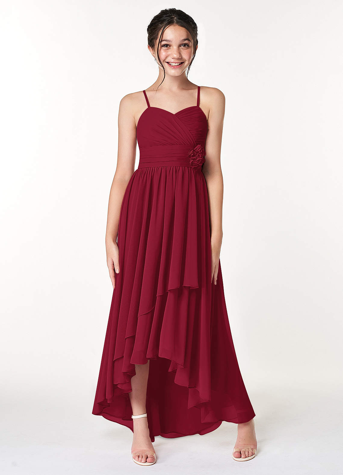 Azazie Catalina Junior Burgundy A-Line Ruched Chiffon Dress image3