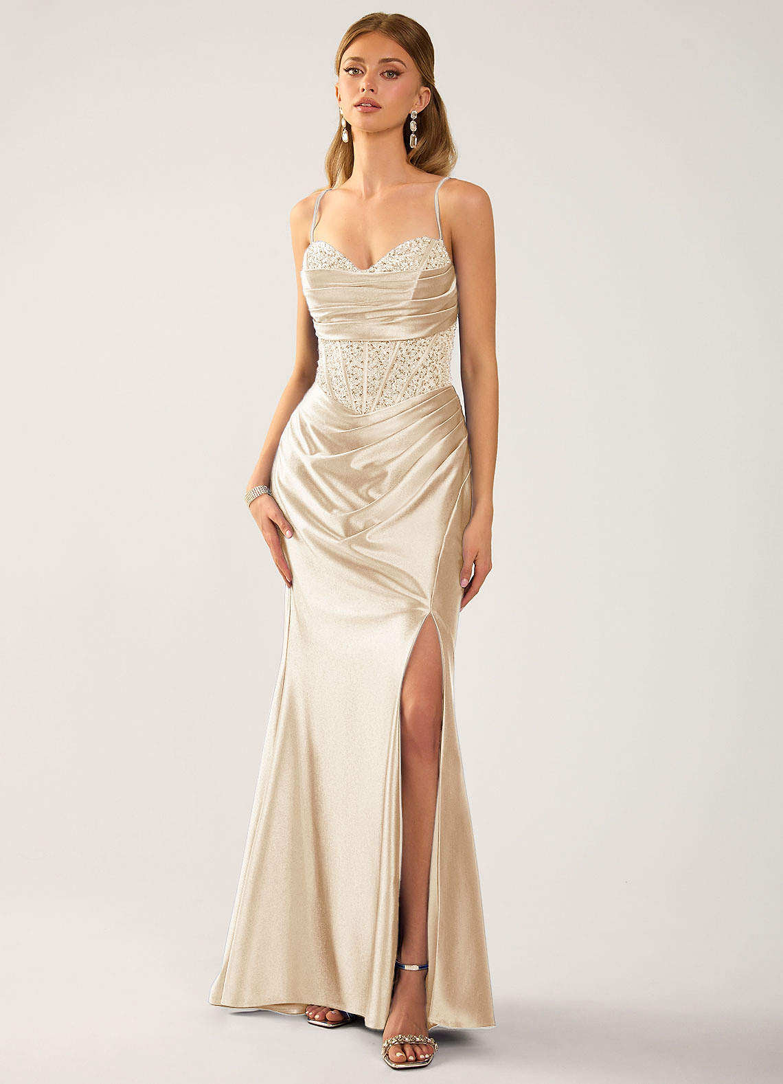 Marenmarka Champagne Beading Corset Satin Prom Dress | Azazie CA