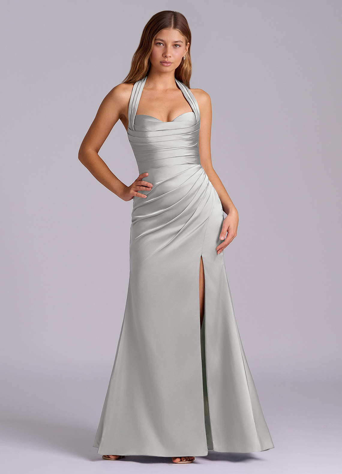 Azazie Destiny Bridesmaid Dresses Silver Mermaid Sweetheart Neckline Stretch Satin Dress image5