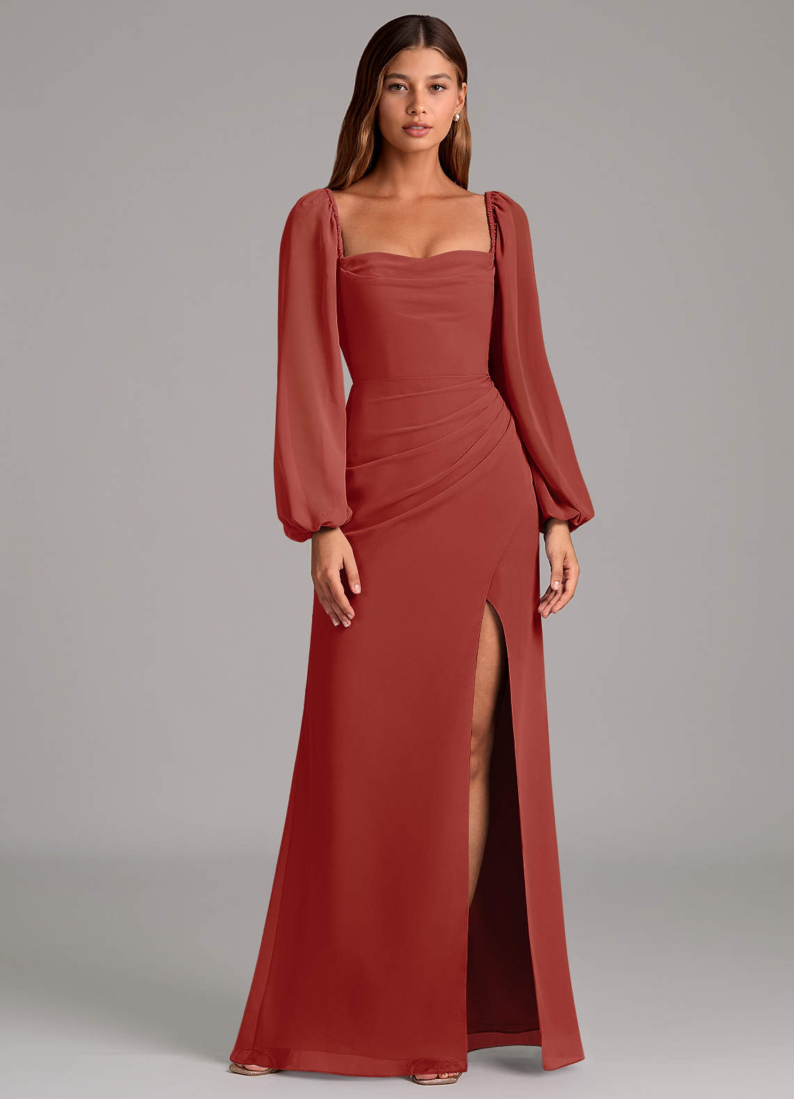 terracotta bridesmaid dresses long sleeve Azazie Brixley