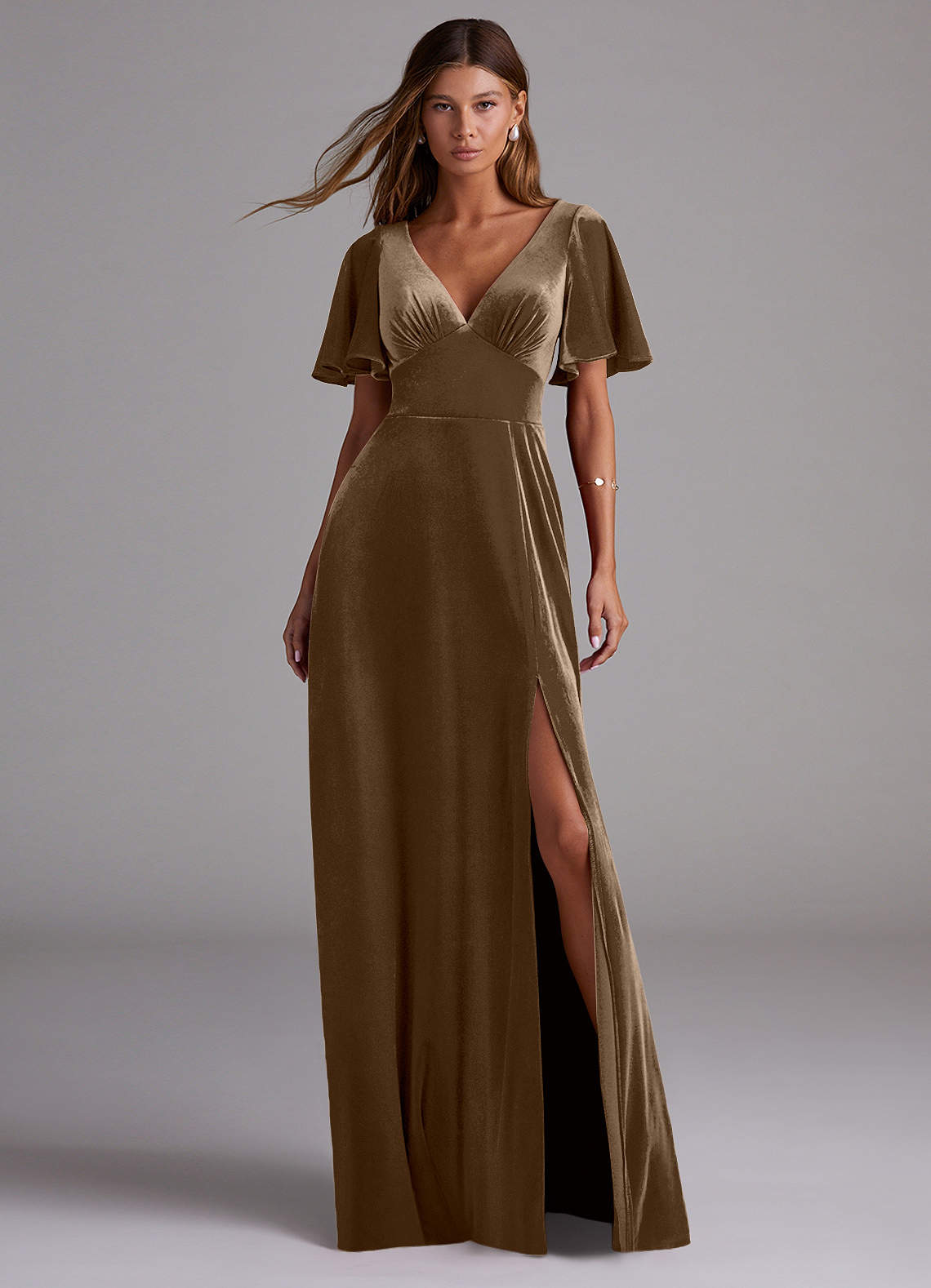 Azazie Kimber Bridesmaid Dresses Mahogany A-Line with Pockets Velvet Dress image1
