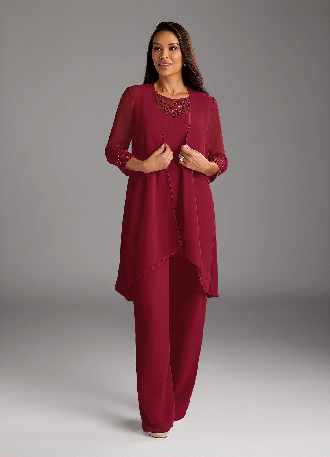 Azazie Maura Mother of the Bride Dresses Burgundy Jumpsuit/Pantsuit Sequins Chiffon Dress image1