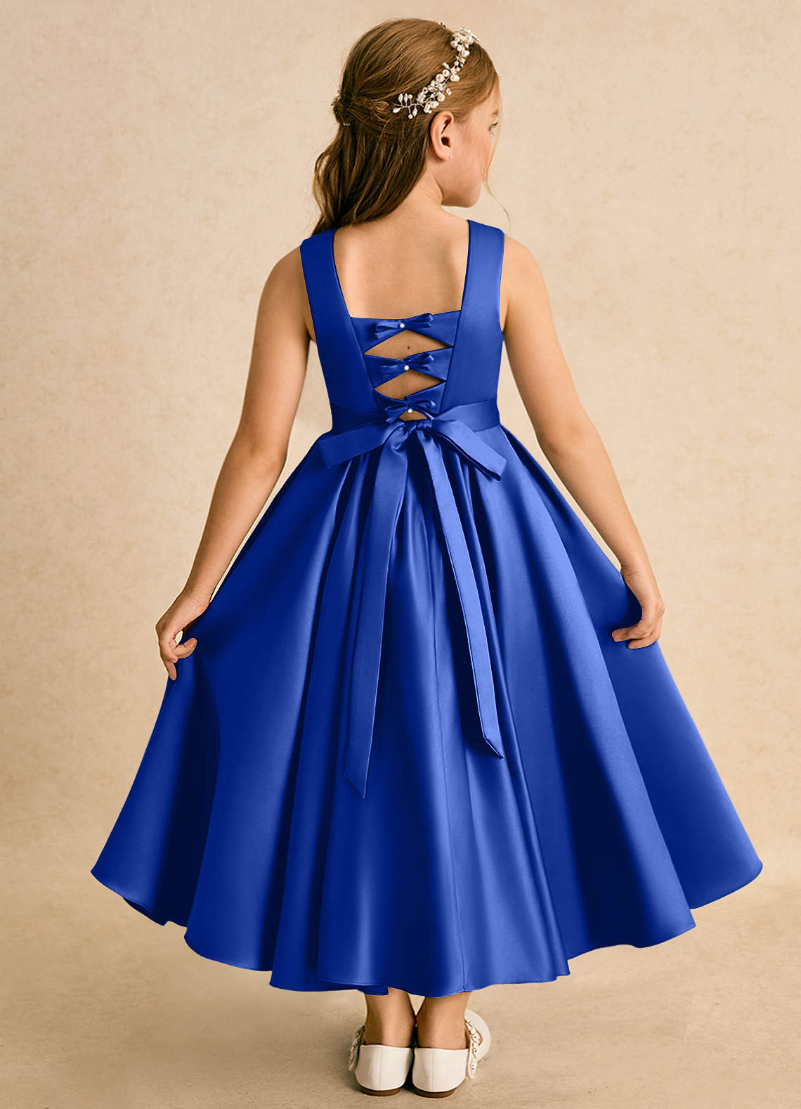 Azazie Junebuj Flower Girl Dresses Royal Blue Ball-Gown Pleated Matte Satin Dress image1