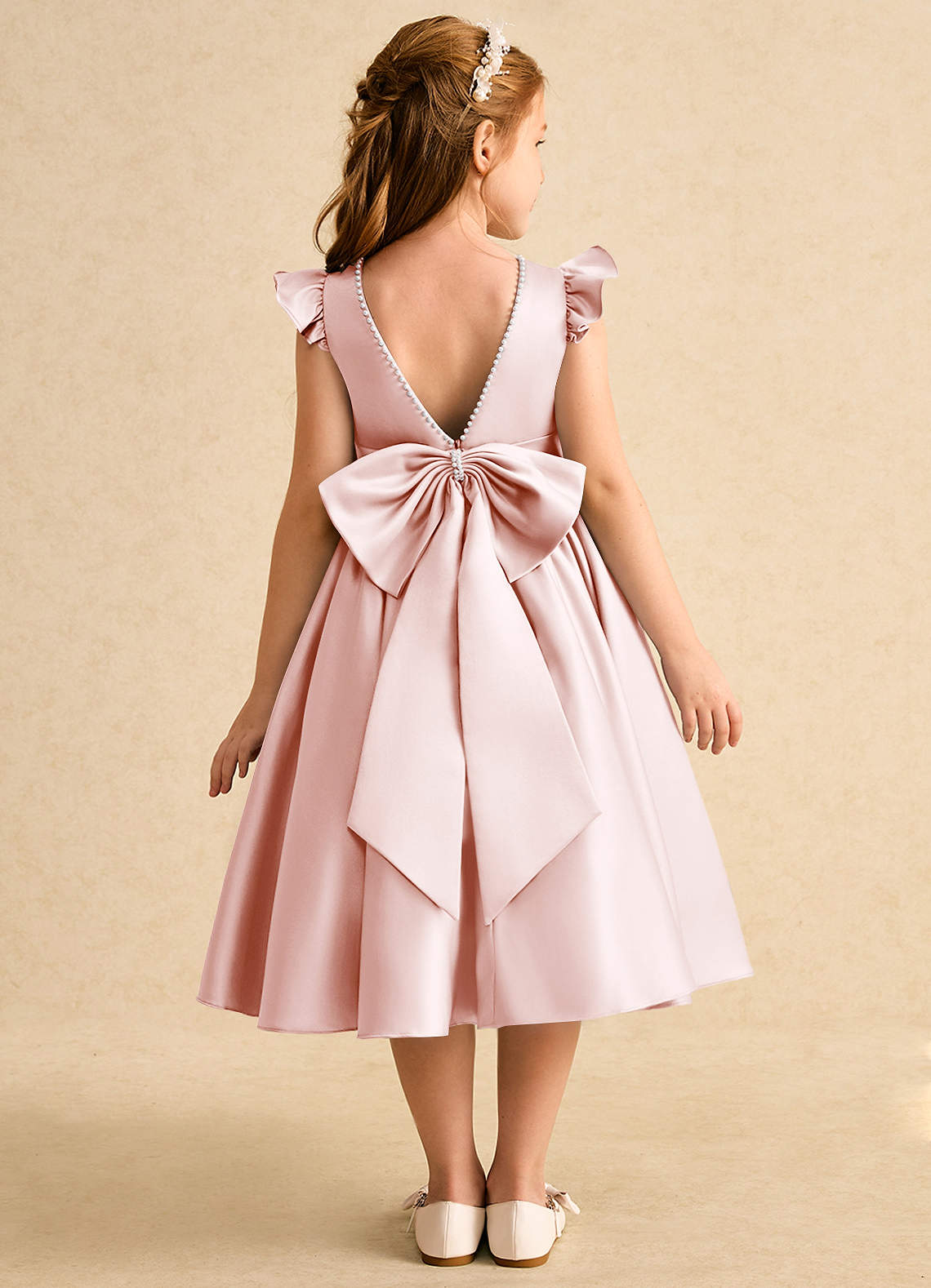 Azazie Dumpling Blumenmädchenkleider A-Linie Schleifen Matte Satin Kleid Zartrosa image1