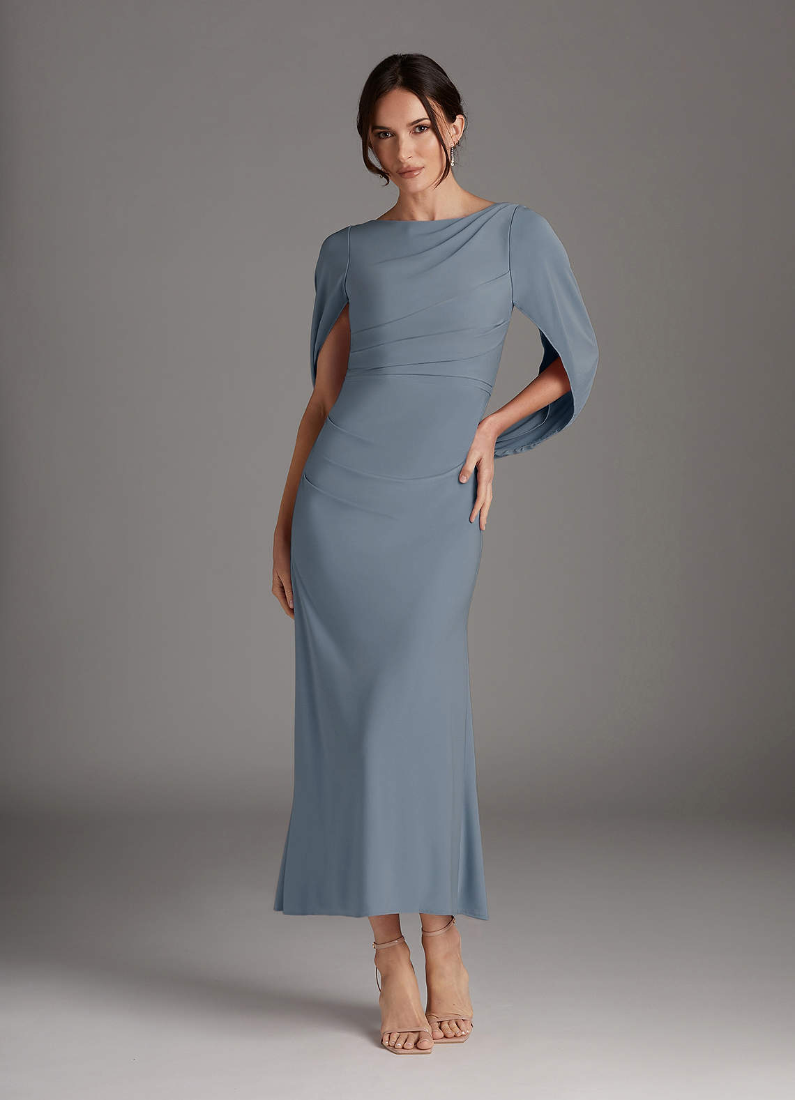 Azazie Bellona Dusty Blue Sheath Boatneck Luxe Knit Dress Ready to Ship |  Azazie
