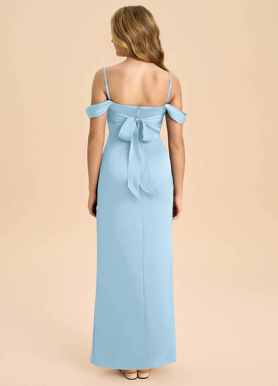 Azazie Saige Junior Sky Blue Sheath Off the Shoulder Stretch Satin Dress image1