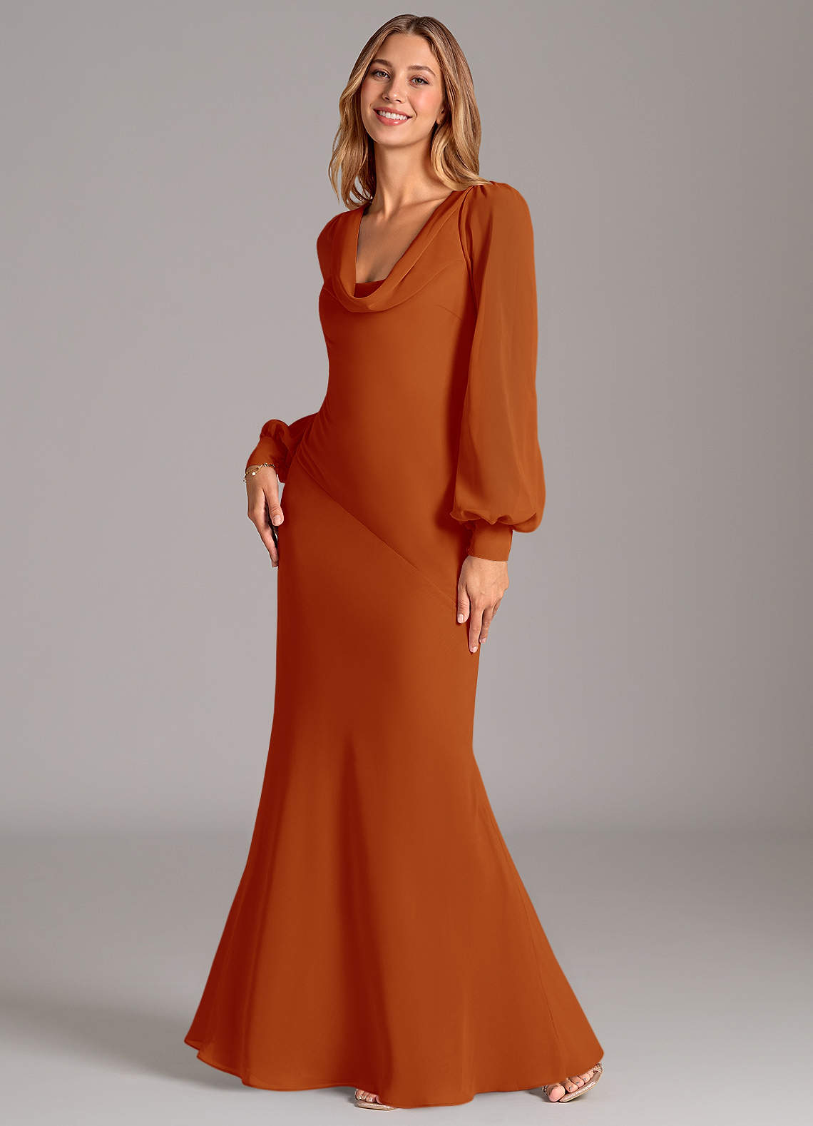Azazie Jaxine Bridesmaid Dresses Paprika Mermaid Long Sleeve Chiffon Dress image1