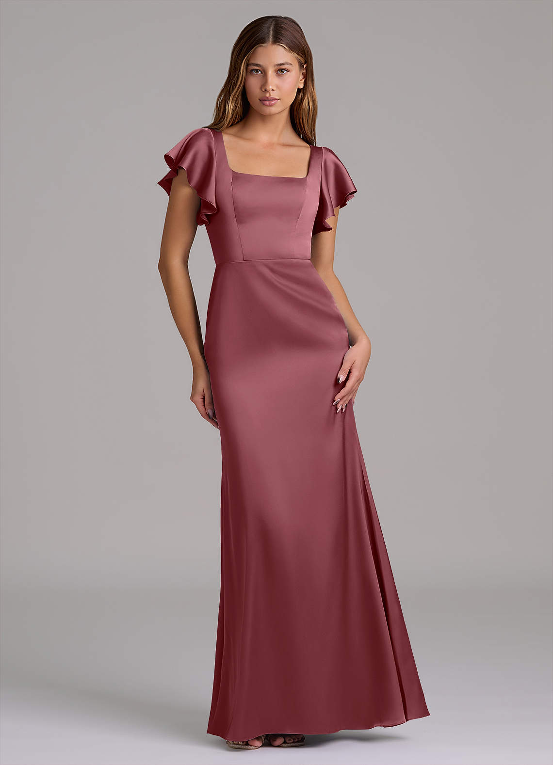 Azazie Elkie 신부 들러리 드레스 인어 스퀘어 네크라인 스트레치 새틴 바닥 길이 드레스 image1