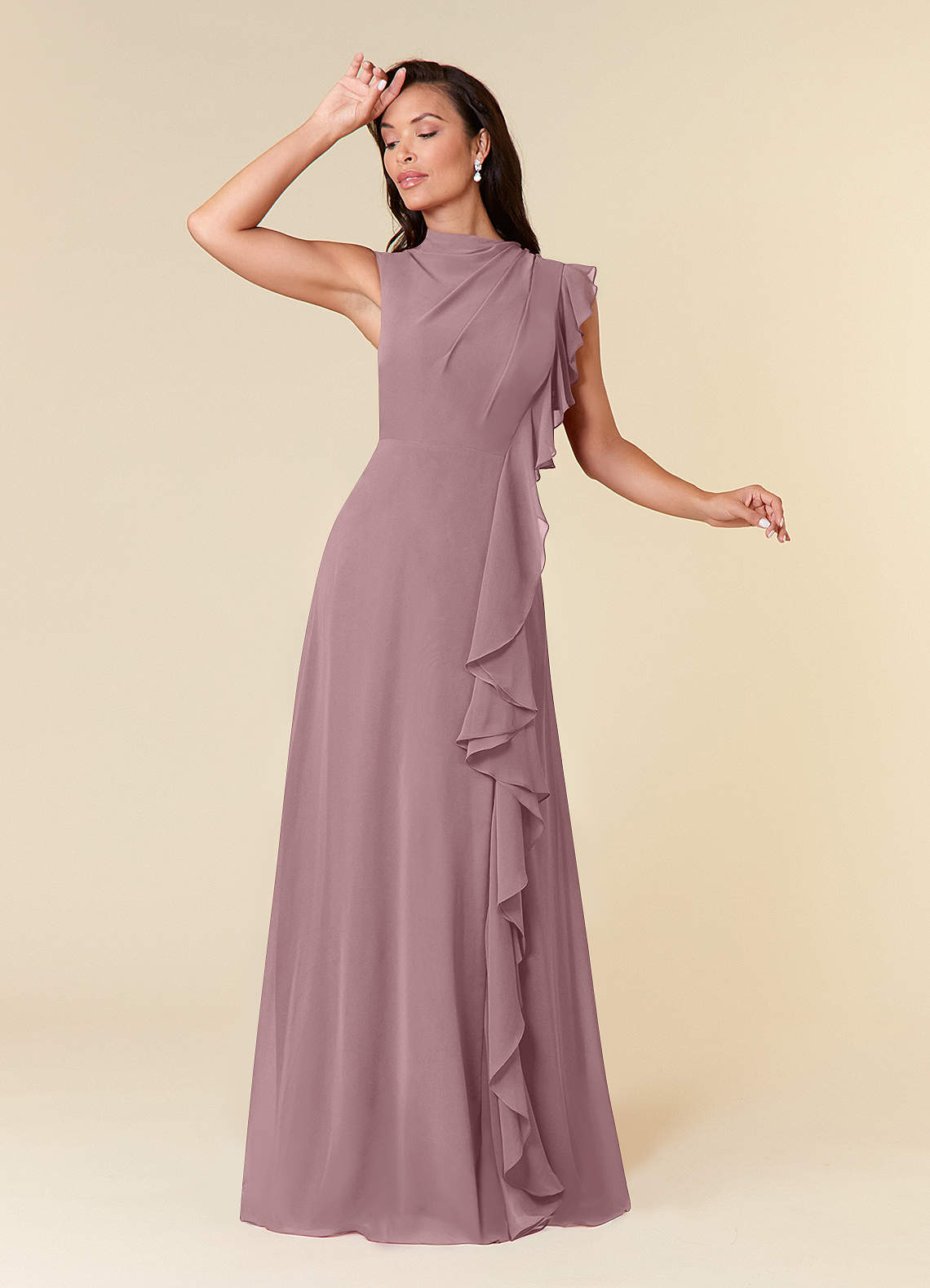 Azazie Narine Abiti per la Madre della Sposa Abito A-Line in Chiffon con Scollo Alto a Pieghe Rosa Polverosa image1