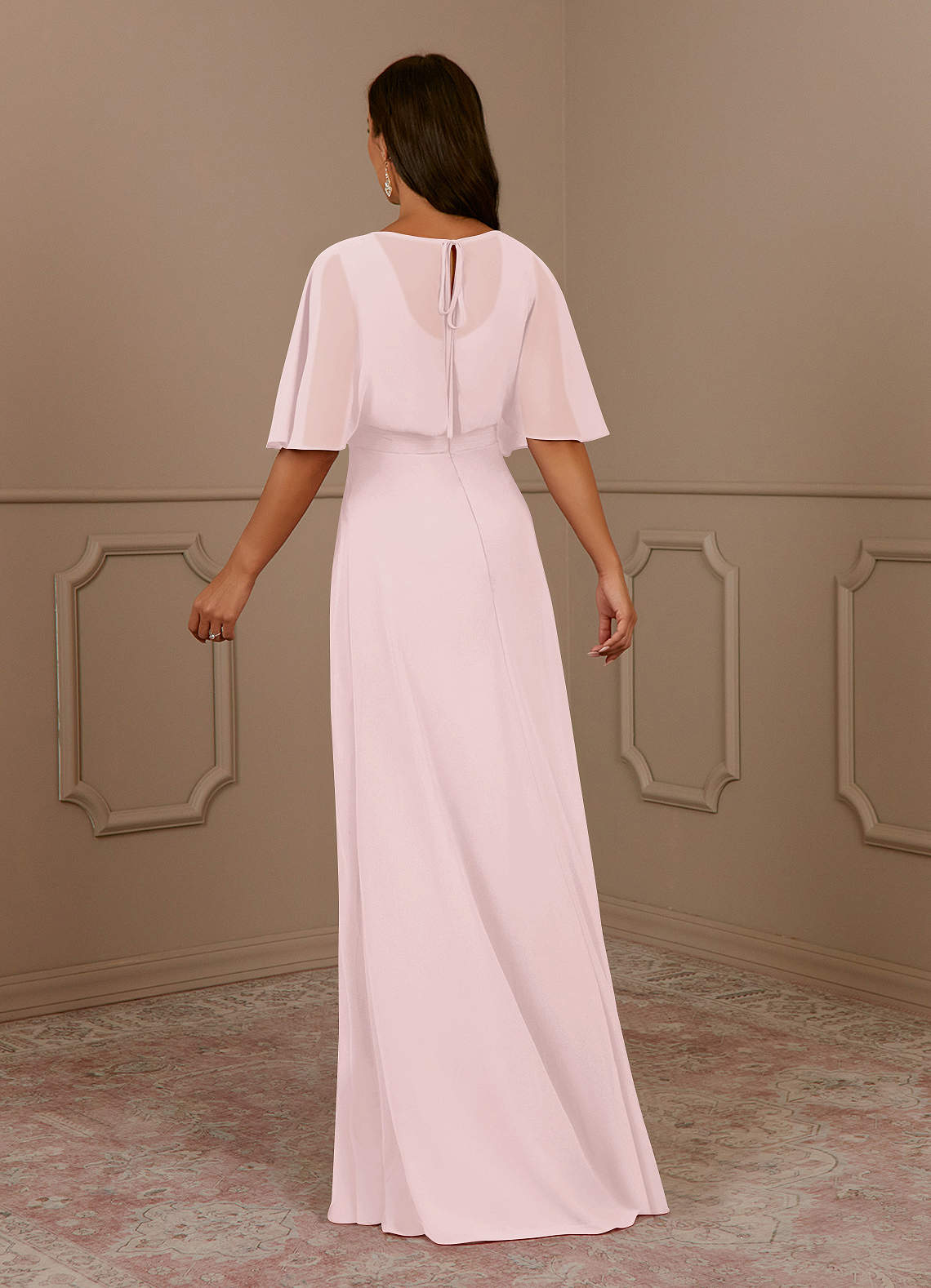 V-neck Chiffon Applique Waist Asymmetrical Dress Blushing Pink