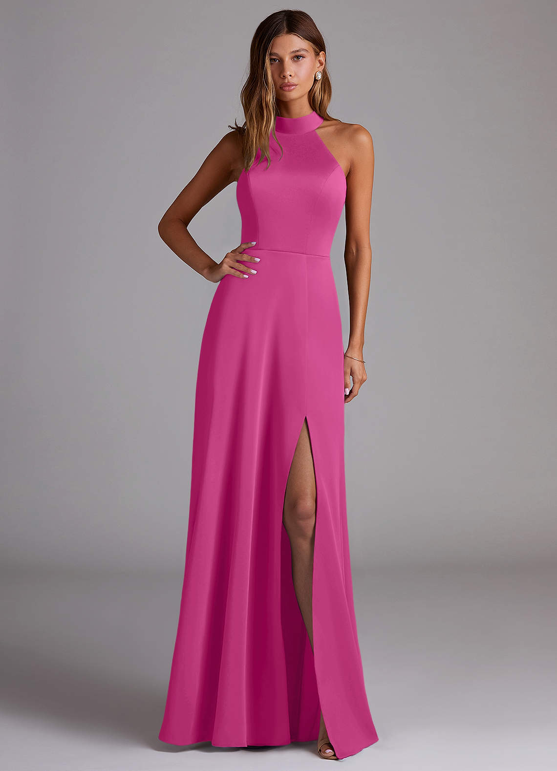 Azazie Myra Bridesmaid Dresses Fuchsia A-Line Side Slit Stretch Satin Dress image1