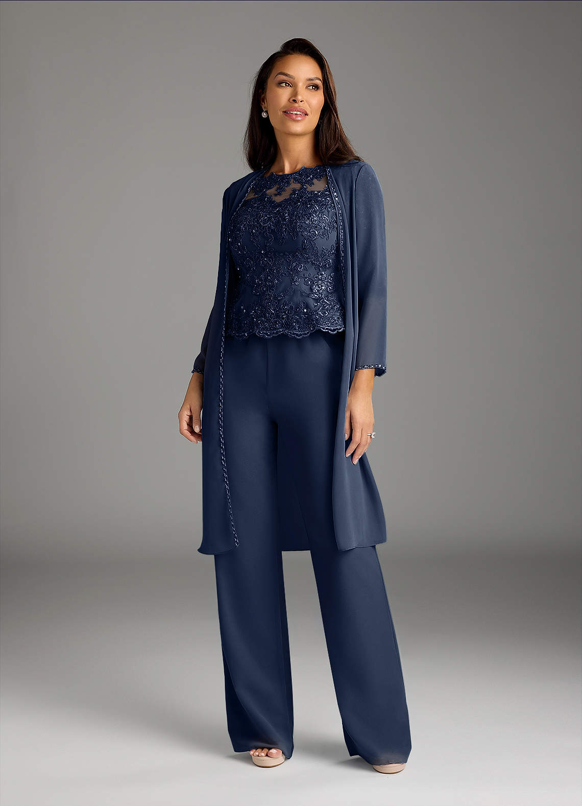 Azazie Florida Abiti per la Madre della Sposa Abito Tuta Pantaloni in Chiffon Lustrini Marino Scuro image1