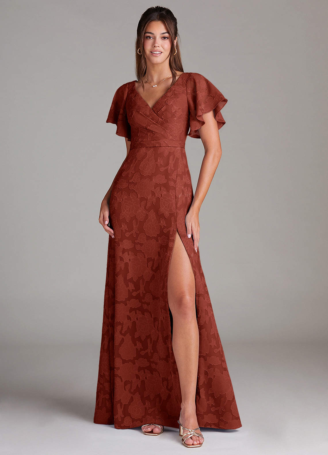 Azazie Ambrosia Bridesmaid Dresses Terracotta A-Line Pleated Floral Burnout Dress image1