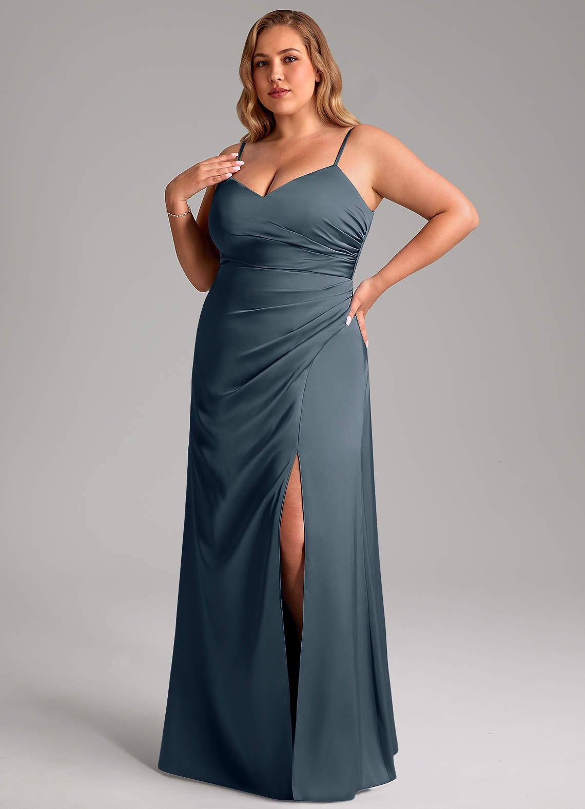 Azazie Azuree Bridesmaid Dresses Twilight A-Line Pleated Stretch Satin Dress image1