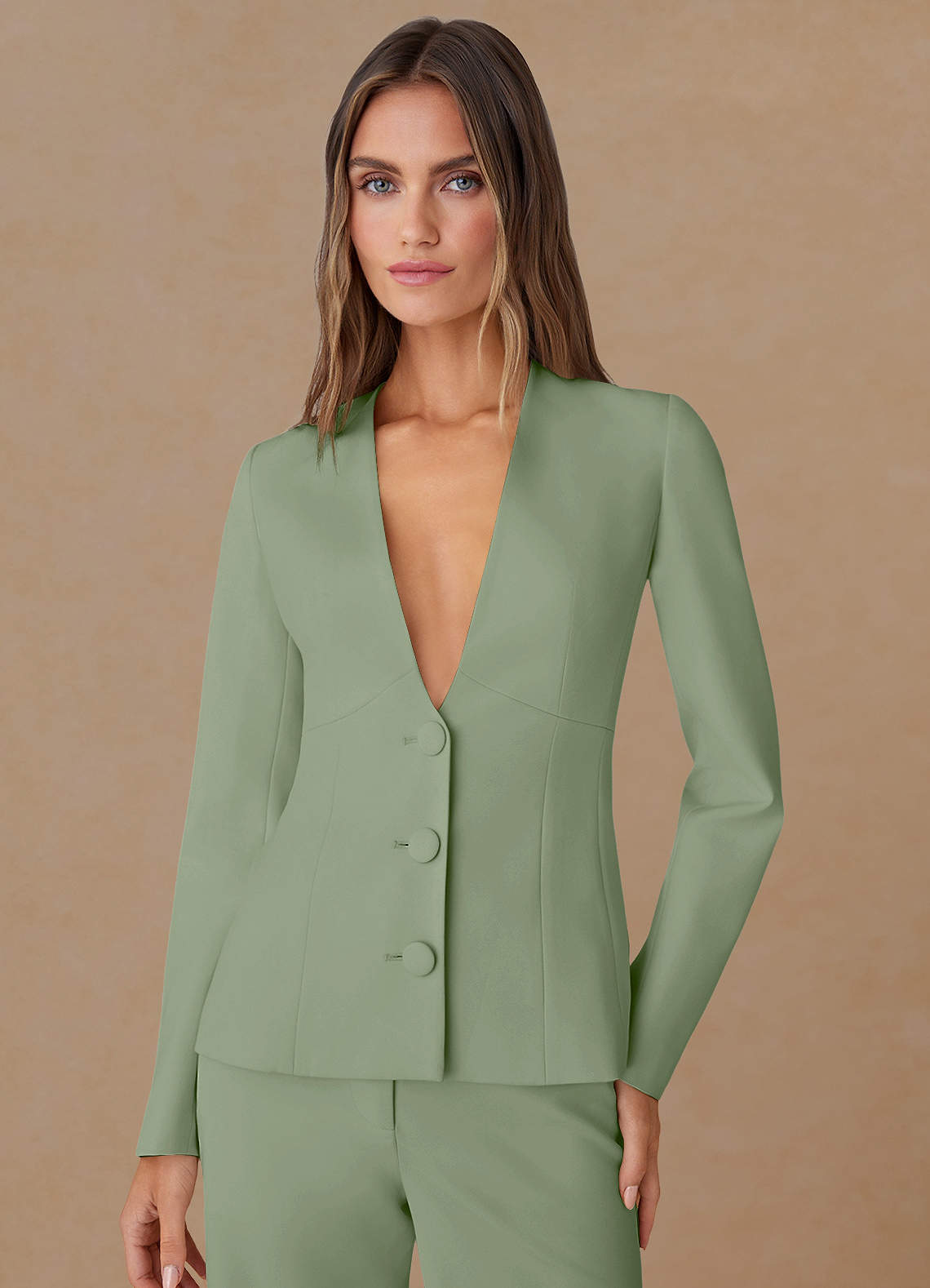 front Elara Dusty Sage Refined Weave Tailored Blazer