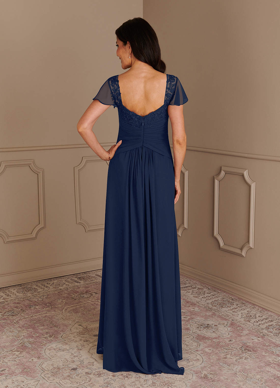 Azazie Gwenyth Dark Navy A-Line Lace Chiffon Dress Ready to Ship