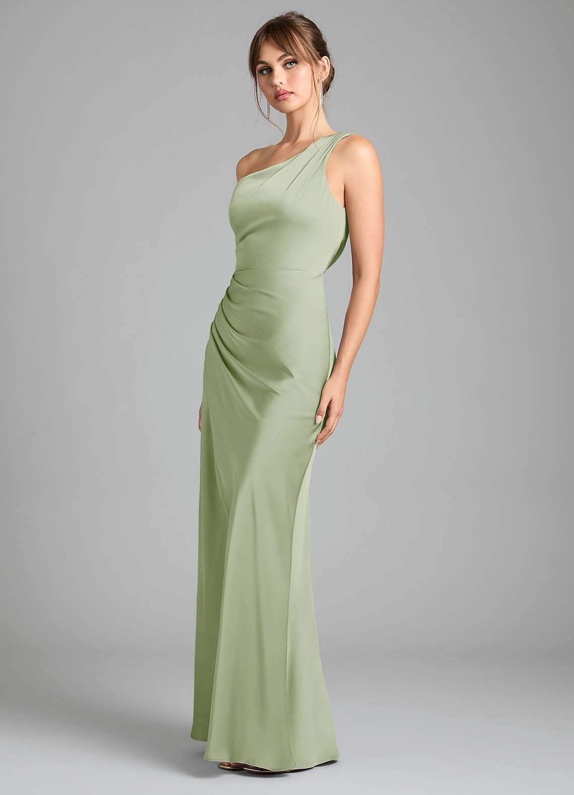 Azazie Madelyn Brautjungfernkleider Wandelbar Meerjungfrau-Linie One-Shoulder Stretch-Satin Kleid Staubiger Salbeigrün image5