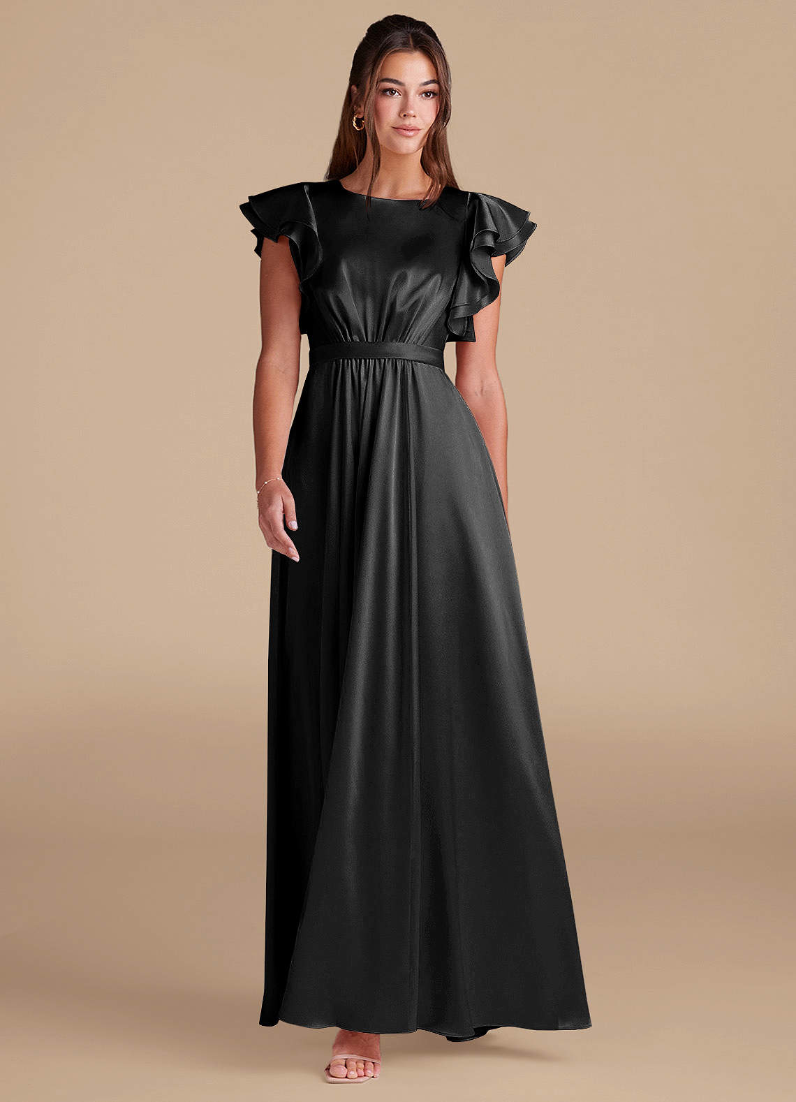 Azazie Daphne Modest Bridesmaid Dresses A-Line Ruched Metallic Satin Floor-Length Dress image2