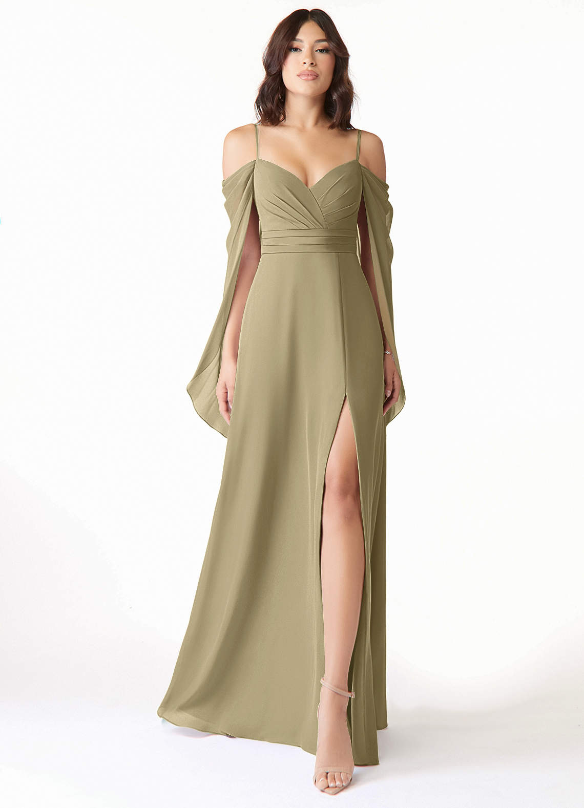 Azazie Cienna Bridesmaid Dresses Moss Green A-Line Off the Shoulder Chiffon Dress image1