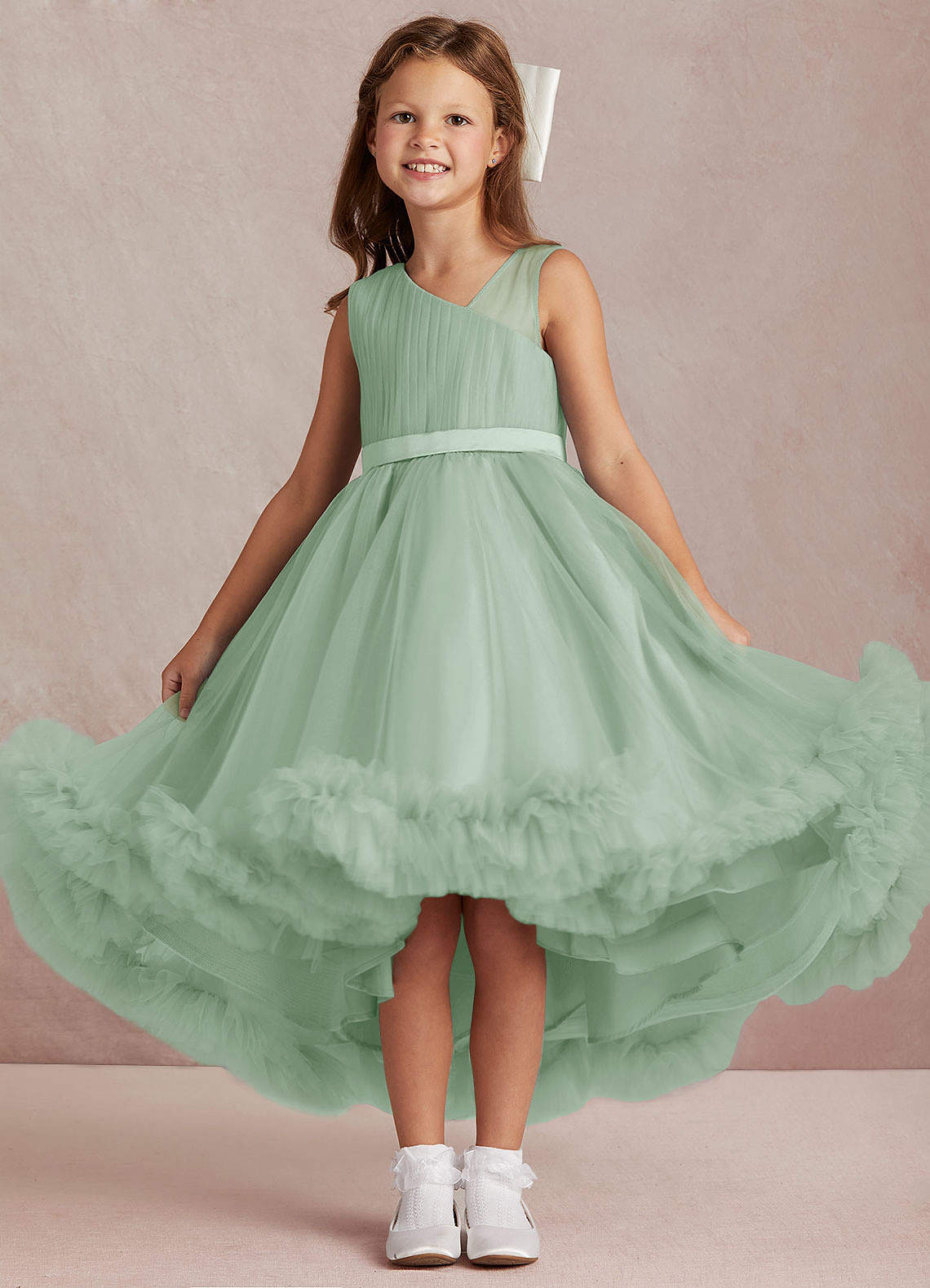 Azazie Lottie vestidos de niña de las flores Vestido de Agave de Satén de Corte En A con Hombro unilateral image1