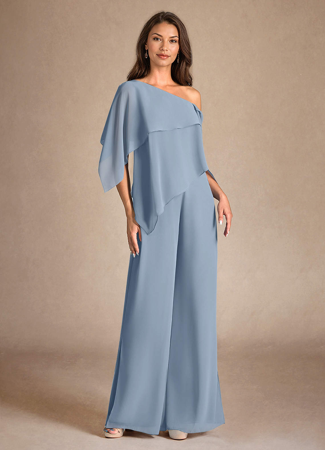 Azazie Halima Mère de la mariée Robes Robe Combinaison/Tailleur Pantalon en Mousseline de soie Fente Latérale Bleu Poussiéreux image4