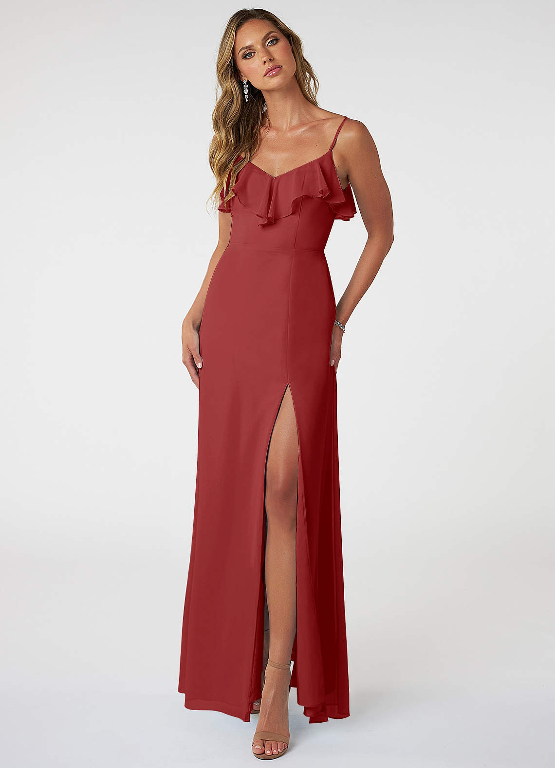 Azazie Natalia Bridesmaid Dresses Rust A-Line Chiffon Dress image1