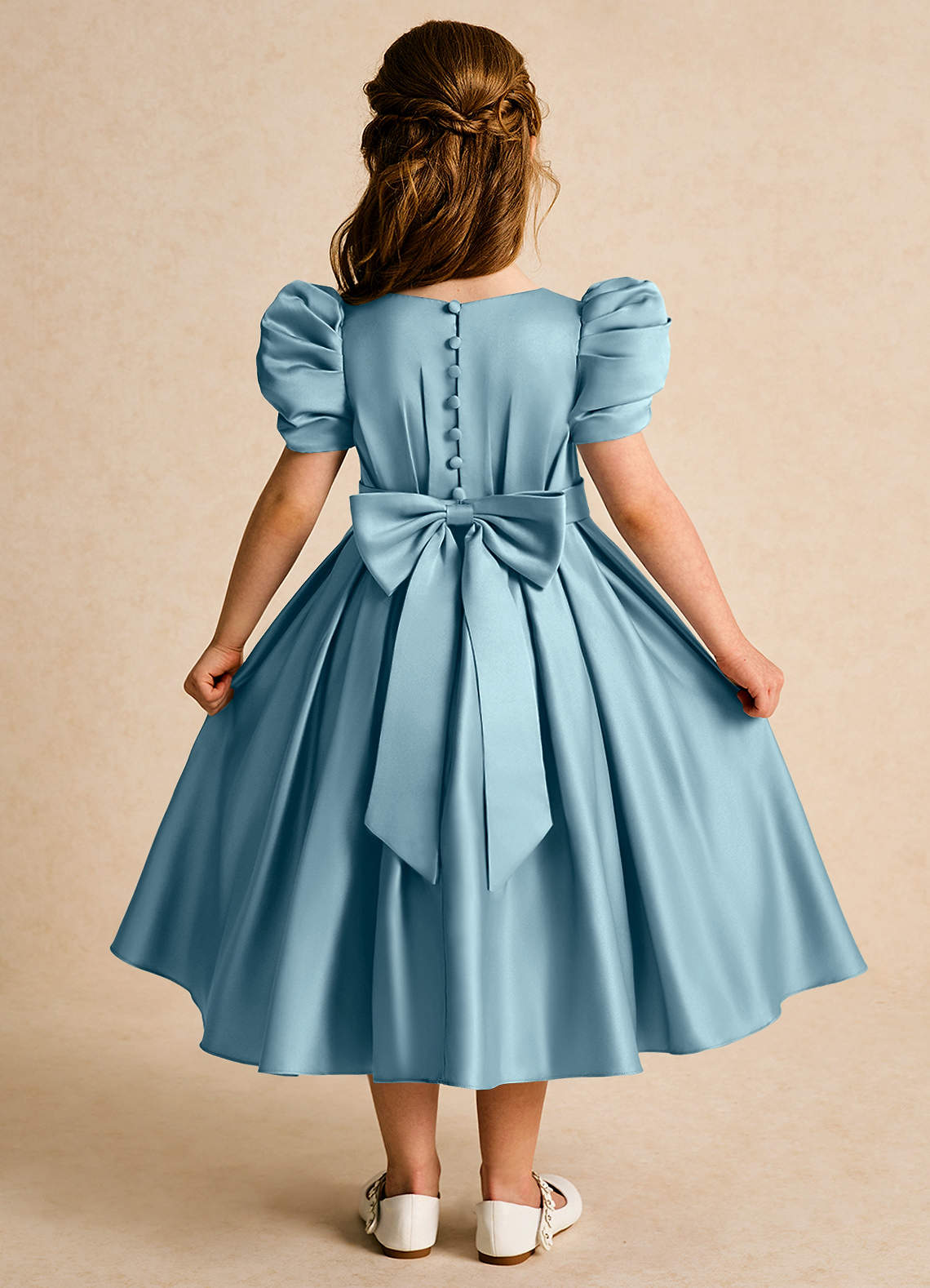 Azazie Miriam Abiti da Ragazza di Fiori Abito Principessa in Raso Opaco Plissettato Blu Lunatico image1